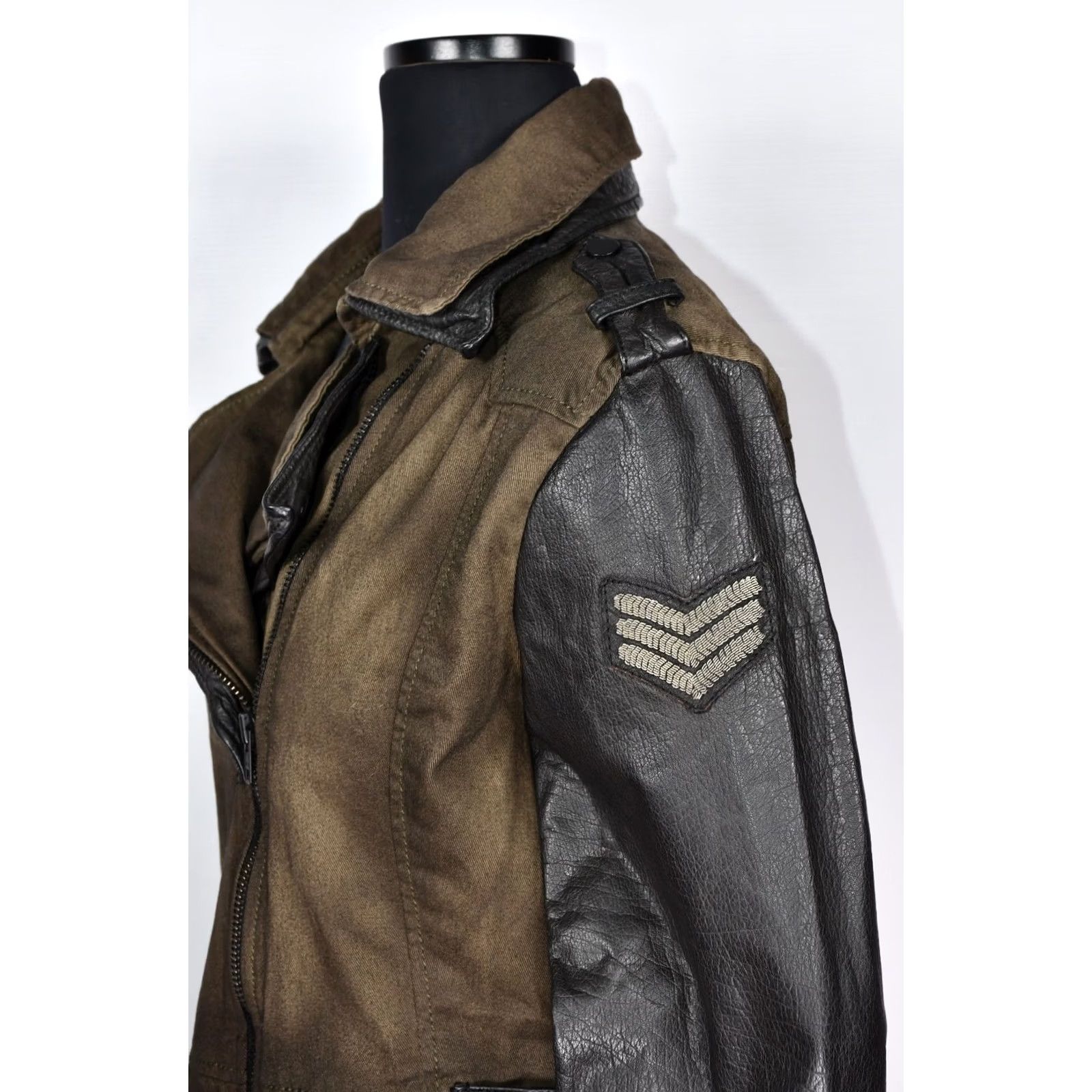 Vintage Rock’N Blue Jacket Women's XL Biker Green 100% Cotton / 100% Leather Long Sleeve Zip Military Inspired? Size XL / US 12-14 / IT 48-50 - 4 Thumbnail