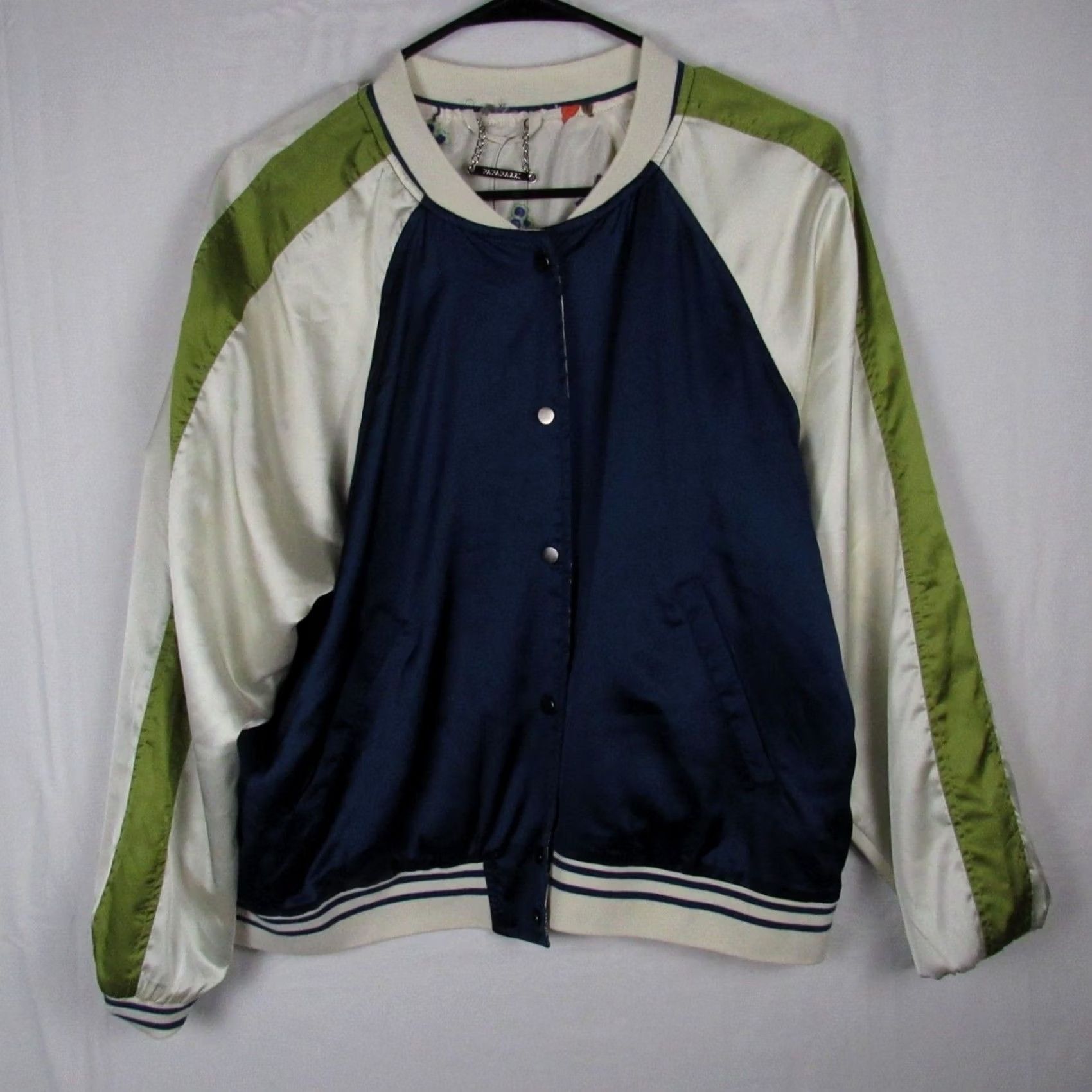 Vintage Paparazzi Jacket Floral Reversible Bomber Ivory Navy XL Embroidered Peace Snap Long Sleeve Womens Regular 2010s - Size XL / US 12-14 / IT 48-50 - 2 Thumbnail