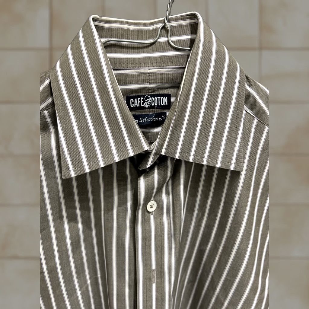 Vintage Cafe Coton Dress Shirt Mens 15 1/2 39 Brown Striped Long Sleeve Button Up Paris 100% Cotton Vintage? Size 40R - 1 Thumbnail