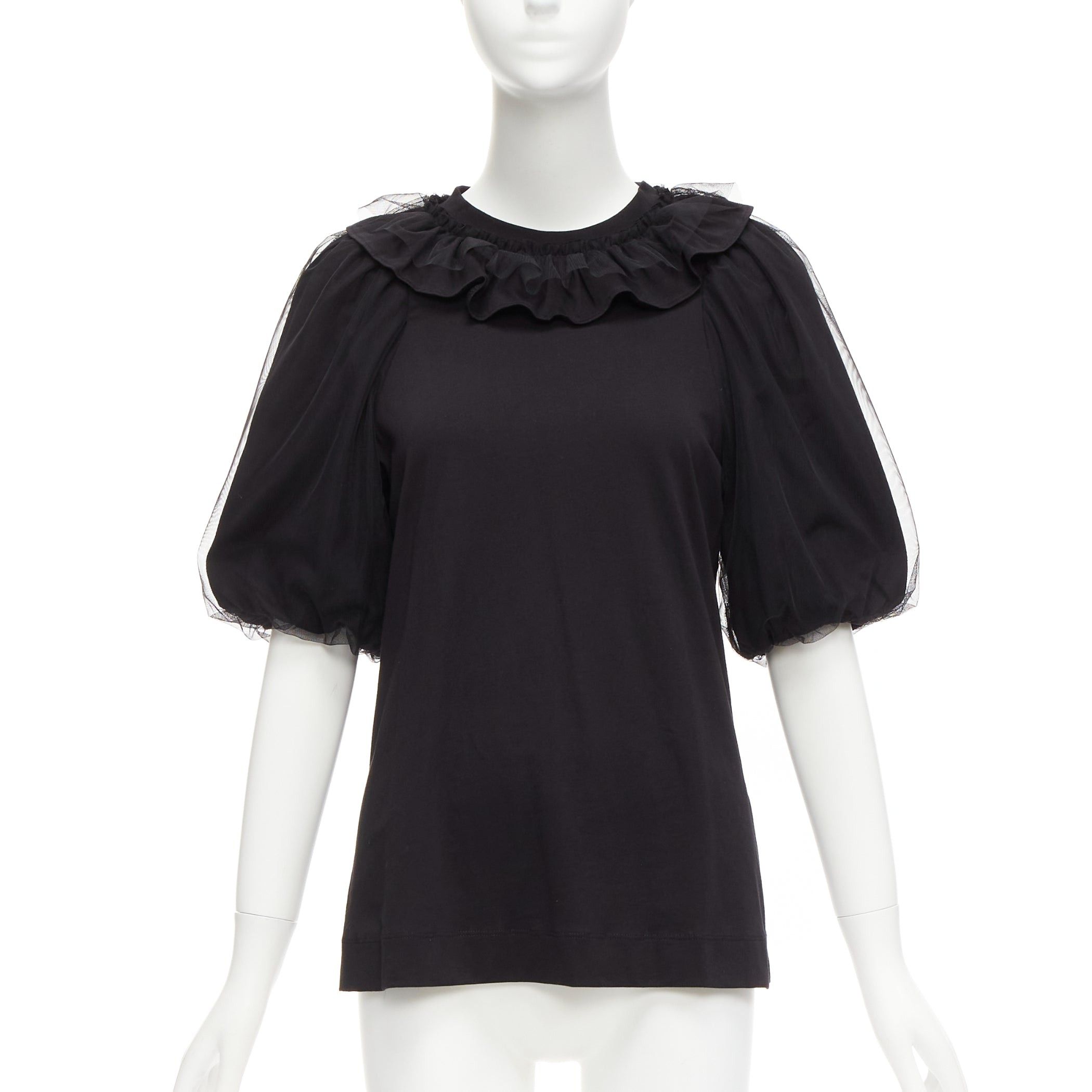 Simone Rocha SIMONE ROCHA black cotton sheer overlay puff sleeves ruffle tshirt XS Size S / US 4 / IT 40 - 1 Thumbnail