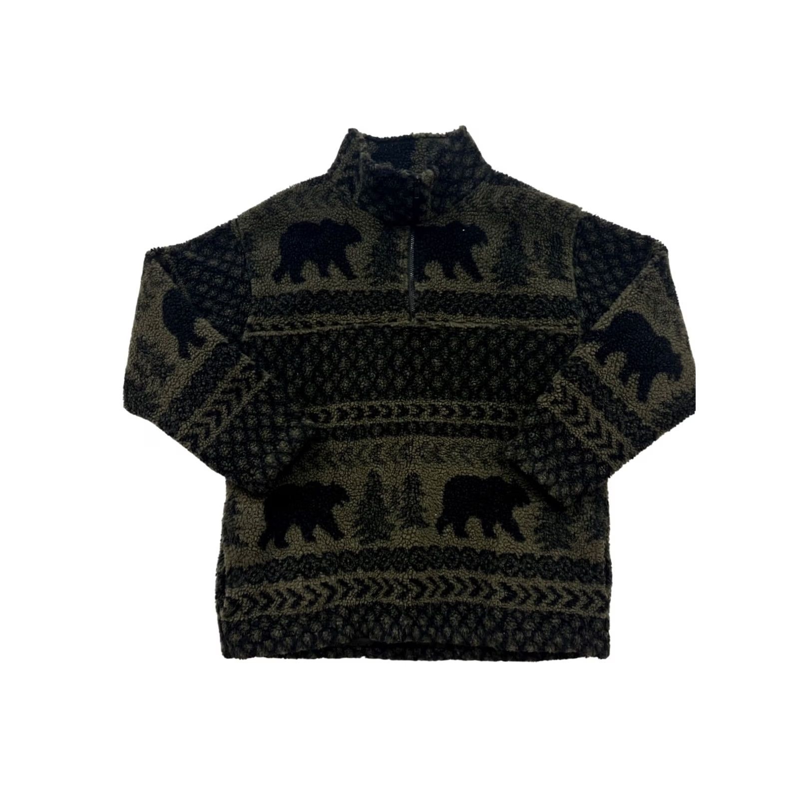 Vintage Womens XL Pullover Shirt, Forest-Themed Sherpa Quarter-Zip, Green, Fleece, Bear/Tree Pattern, Casual Winter Wear Size XL / US 12-14 / IT 48-50 - 2 Thumbnail