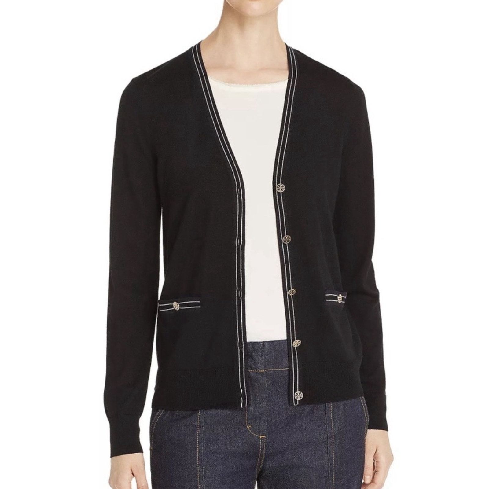 Tory Burch Tory Burch Madeline 100% Merino Wool V-Neck Black Cardigan S Size S / US 4 / IT 40 - 1 Thumbnail