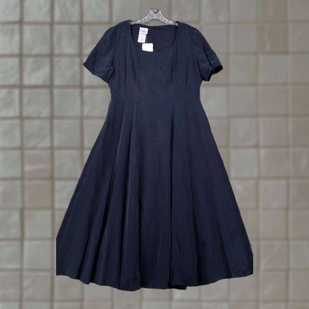 Laura Ashley Blue Silk Midi Dress Womens 14 A-Line Short Sleeve