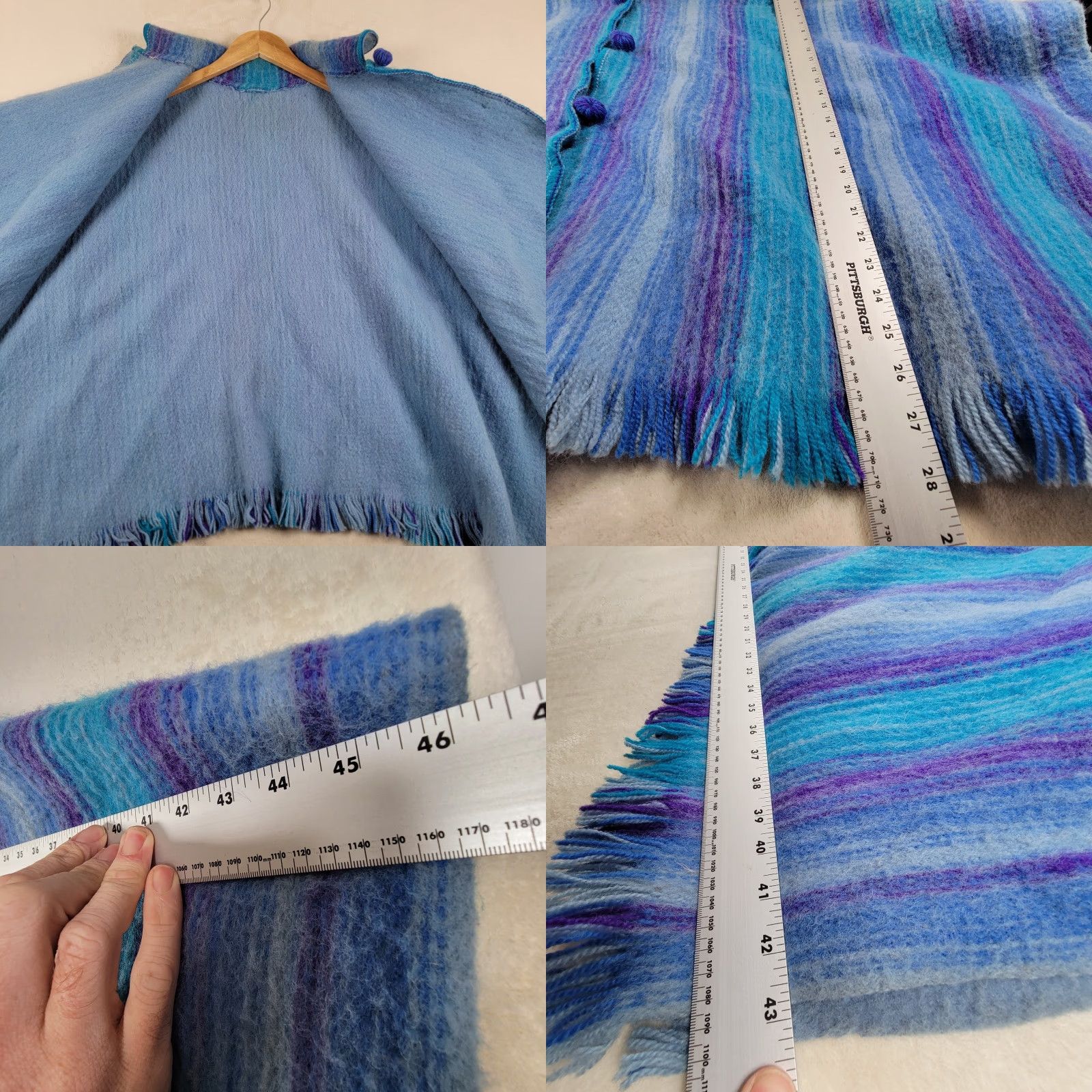 Folk VINTAGE Poncho Cloak Wool Blend Purple Geometric High Neck Button Crochet Fringe Pockets Cozy Casual Women One Size Size ONE SIZE - 8 Thumbnail