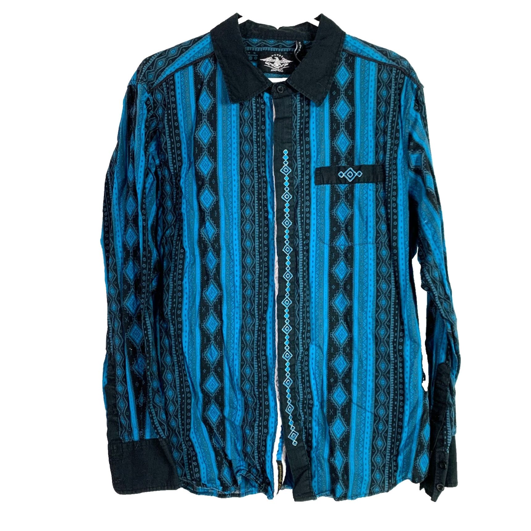 Vintage El General Y2K Western Cowboy Rodeo Button-Front Shirt 2XL Blue Black Long Sleeve Geometric Embroidered Mens Size US XXL / EU 58 / 5 - 2 Thumbnail