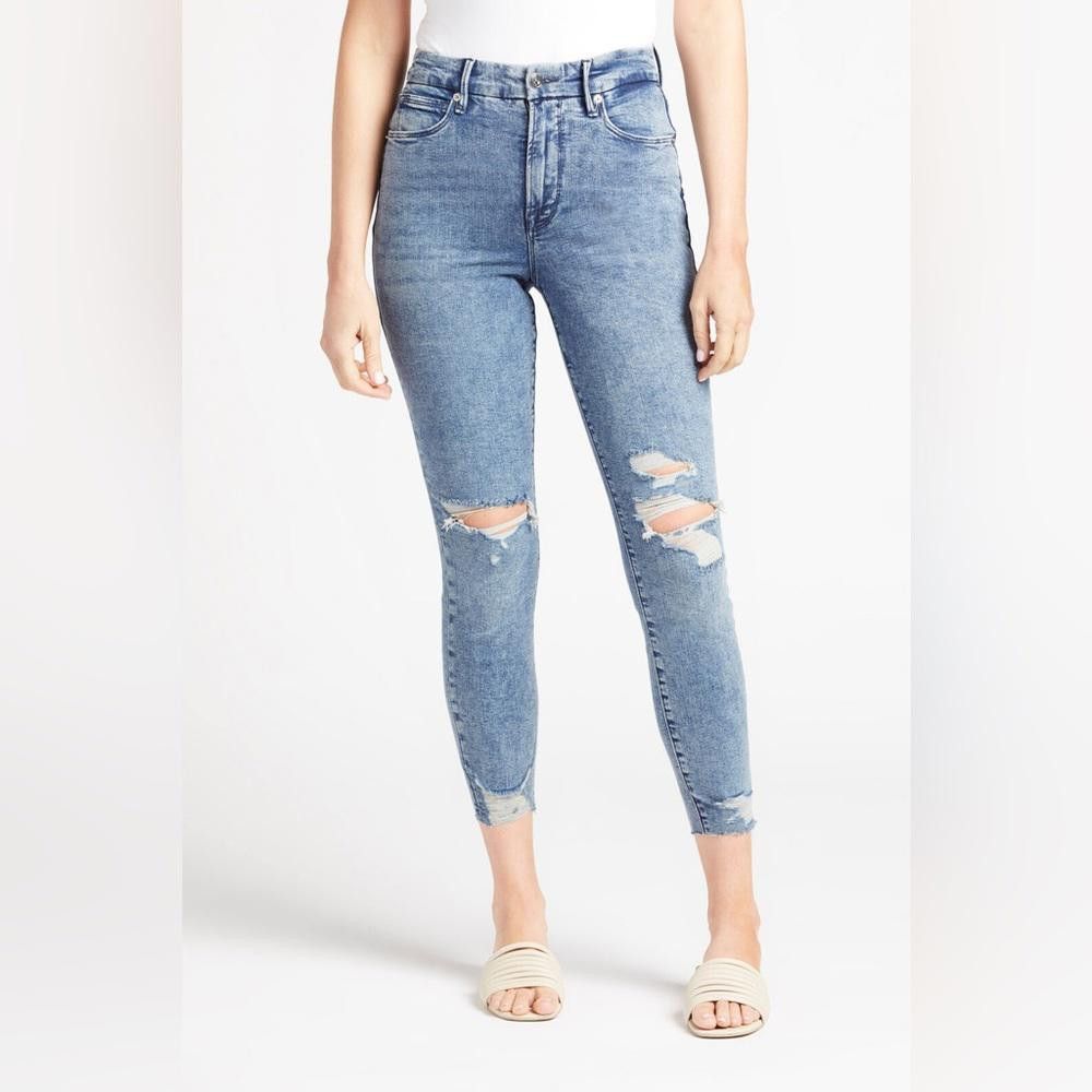 image of Designer NWT Good American Good Waist Crop Chewed Hem in Blue, Women's (Size 26)
