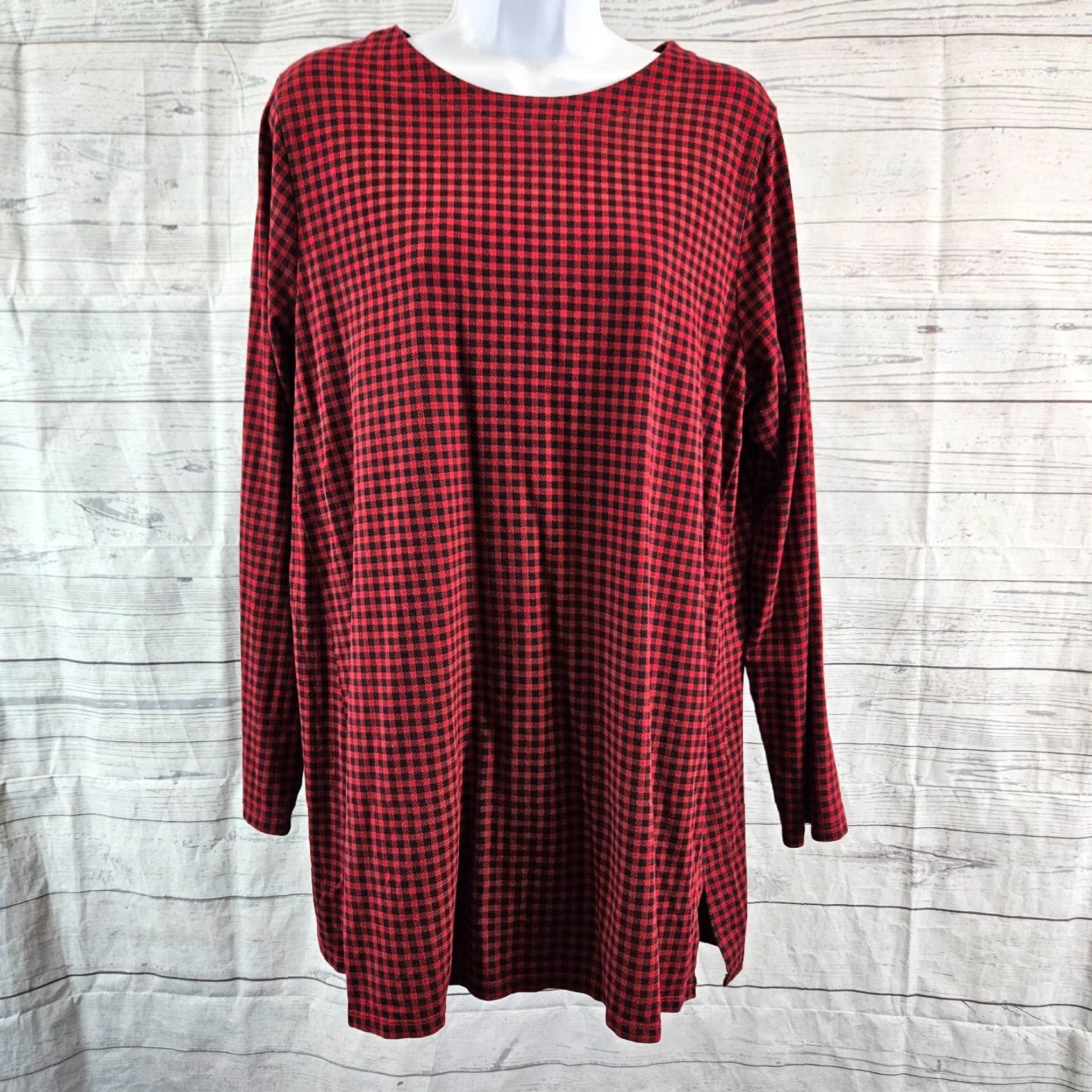 J. Jill J Jill Womens Tunic Blouse Luxe Supima Forward Seam Size Large Red Black Checkered Knit Cotton Blend Long Sleeve Round Neck"} Size L / US 10 / IT 46 - 2 Thumbnail