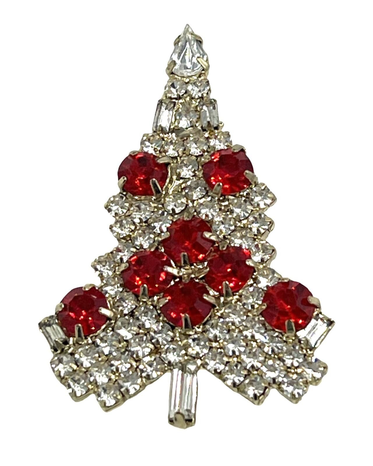 Other Vintage Christmas Tree White & Red Rhinestone Brooch Size ONE SIZE - 1 Thumbnail