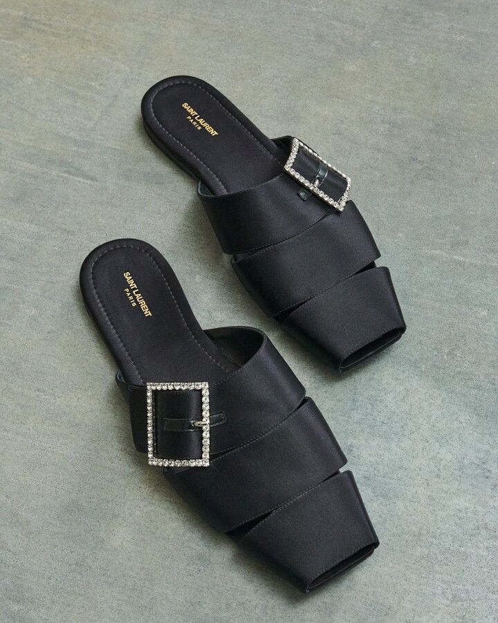 Saint Laurent Paris o1b1hav111224 Jacques Flat Mules in Crepe Satin in Black Size US 10.5 / EU 43-44 - 2 Thumbnail