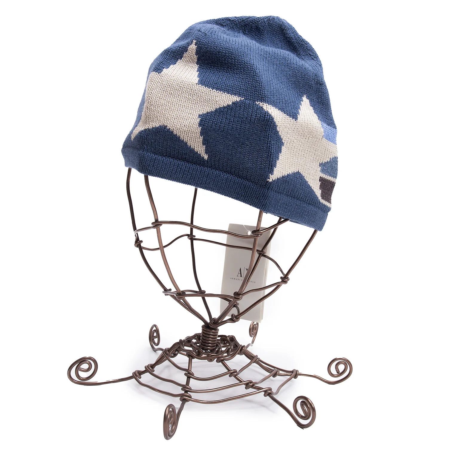 Cotton Rayon Star Jacquard Beanie in Blue Beige
