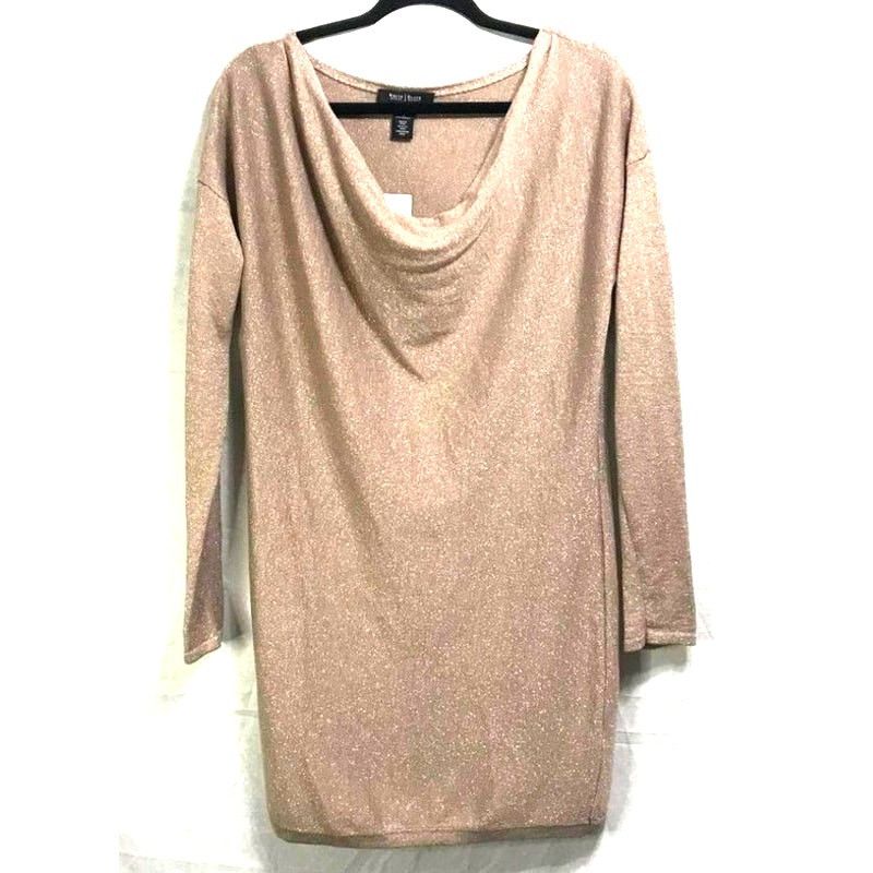 White House Black Market WHBM XS Drape Neck Gold Shimmer Metallic Tunic Sweater Dress Size XS / US 0-2 / IT 36-38 - 2 Thumbnail