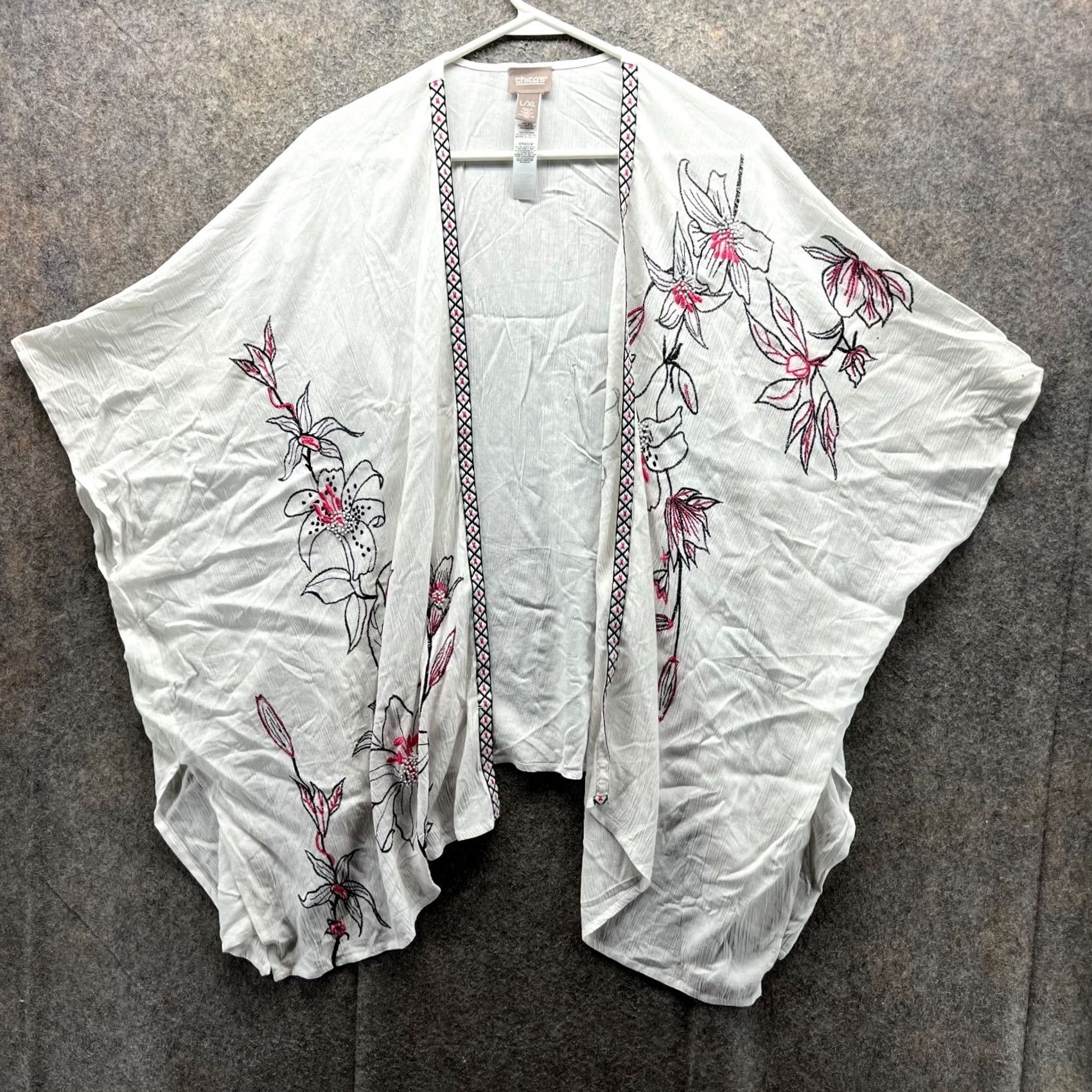 Vintage Chico'S Shrug Womens L White Poncho Women Rayon Embroidered Floral Kimono Tunic Size L / US 10 / IT 46 - 2 Thumbnail