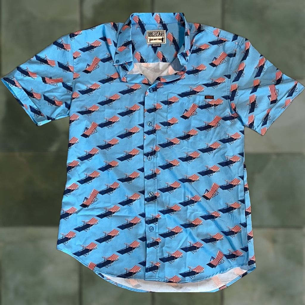 Vintage RSVLTS American Beach Day KUNUFLEX S/S Shirt Medium US Flag Lounge Chairs Blue Shirt Mens Size US M / EU 48-50 / 2 - 1 Thumbnail