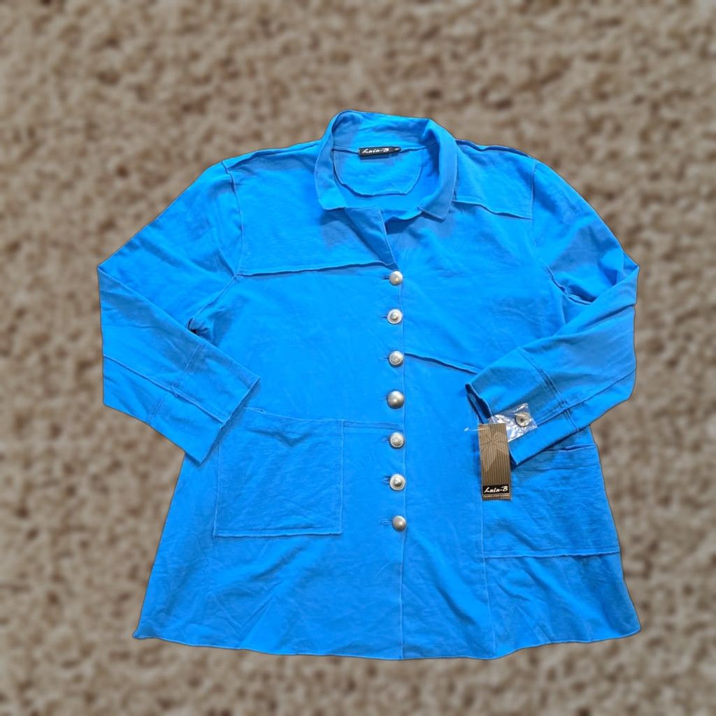 Lulu B Jacket Womens XL Blue Button Pockets Long Sleeves Casual Capsule Beach Classic