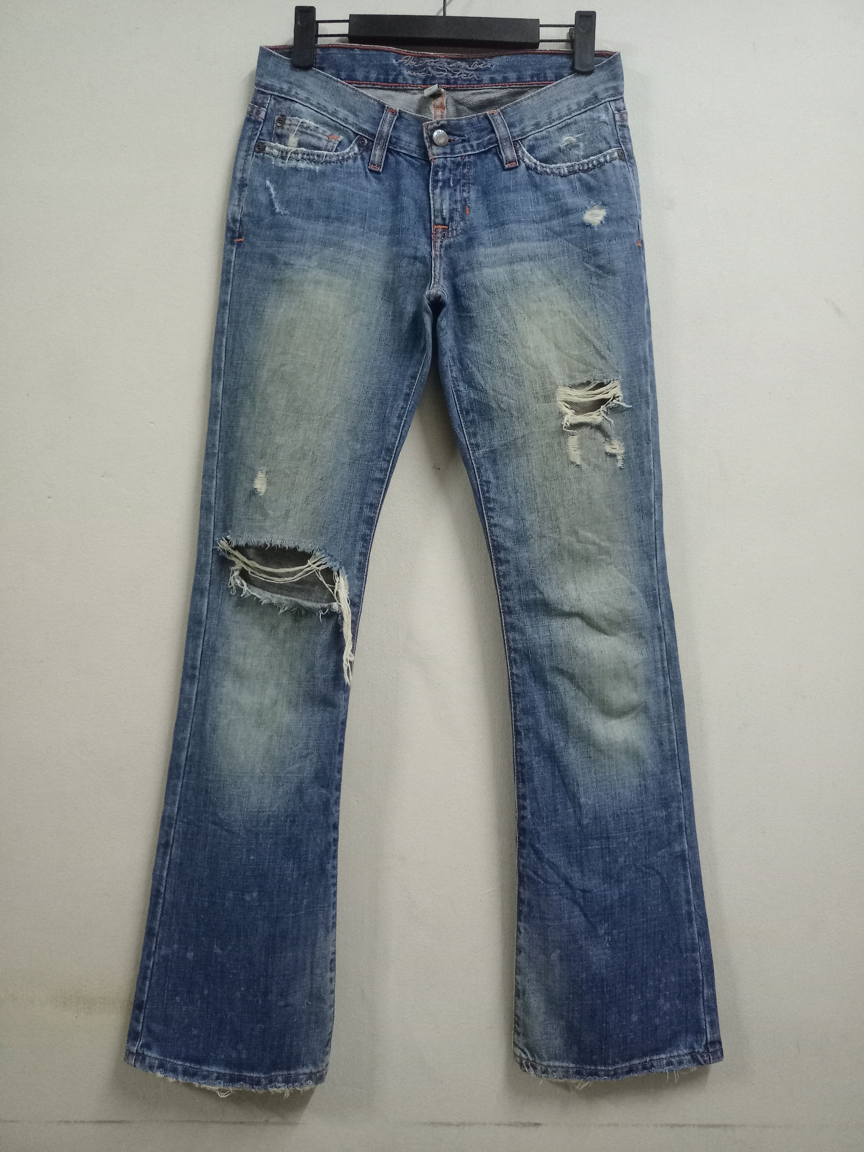 image of Abercrombie Fitch x Distressed Denim Vintage Abercrombie Painted Splatter Ripped Flare Jeans in Blu