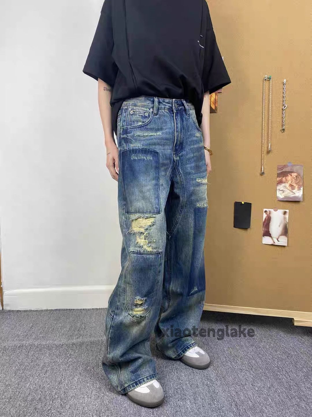 Jean × Vintage washed faded patch damaged loose baggy stain jeans Size US 32 / EU 48 - 2 Thumbnail