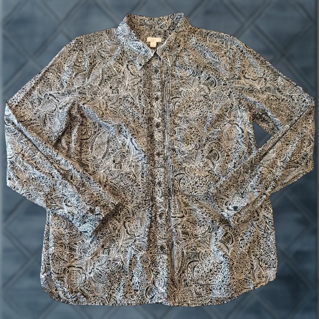 Talbots Talbots Shirt Womens Medium Black Paisley Long Sleeve Button Up Lightweight Regular Cotton Size M / US 6-8 / IT 42-44 - 1 Thumbnail