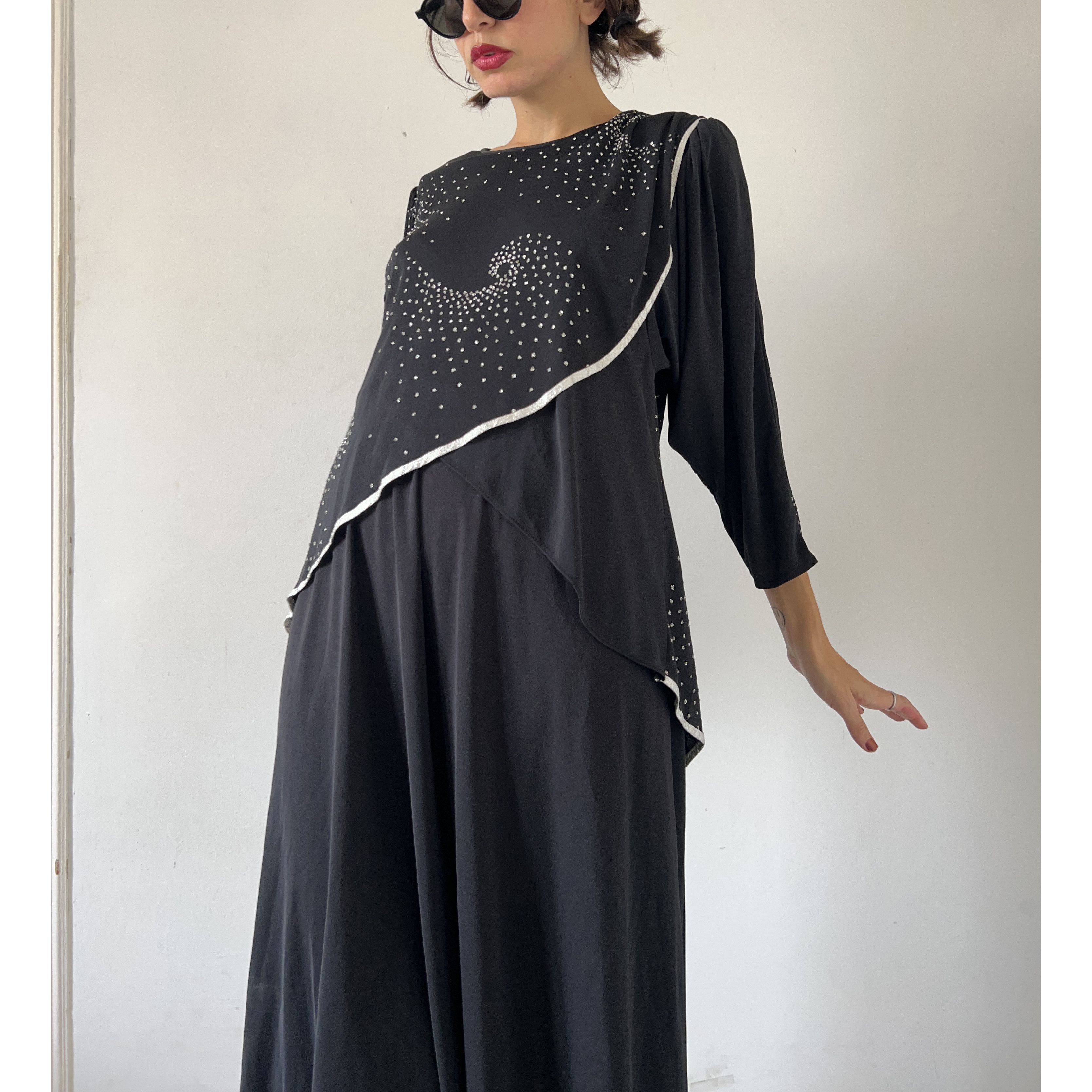 Vintage Vintage 80s Black Rhinestone Asymmetrical Midi Dress Size M / US 6-8 / IT 42-44 - 15 Thumbnail