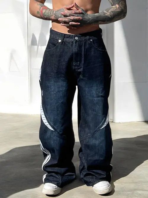 VIBE Blue Wide Leg Stripe Patchwork Denim Jeans, Oversized Jeans Size US 29 - 6 Thumbnail