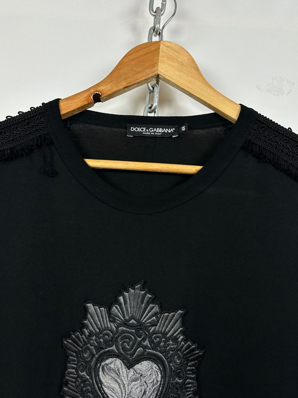 Dolce & Gabbana Dolce & Gabbana Black Sacred Heart Fringe Trim T-Shirt Size US M / EU 48-50 / 2 - 7 Thumbnail