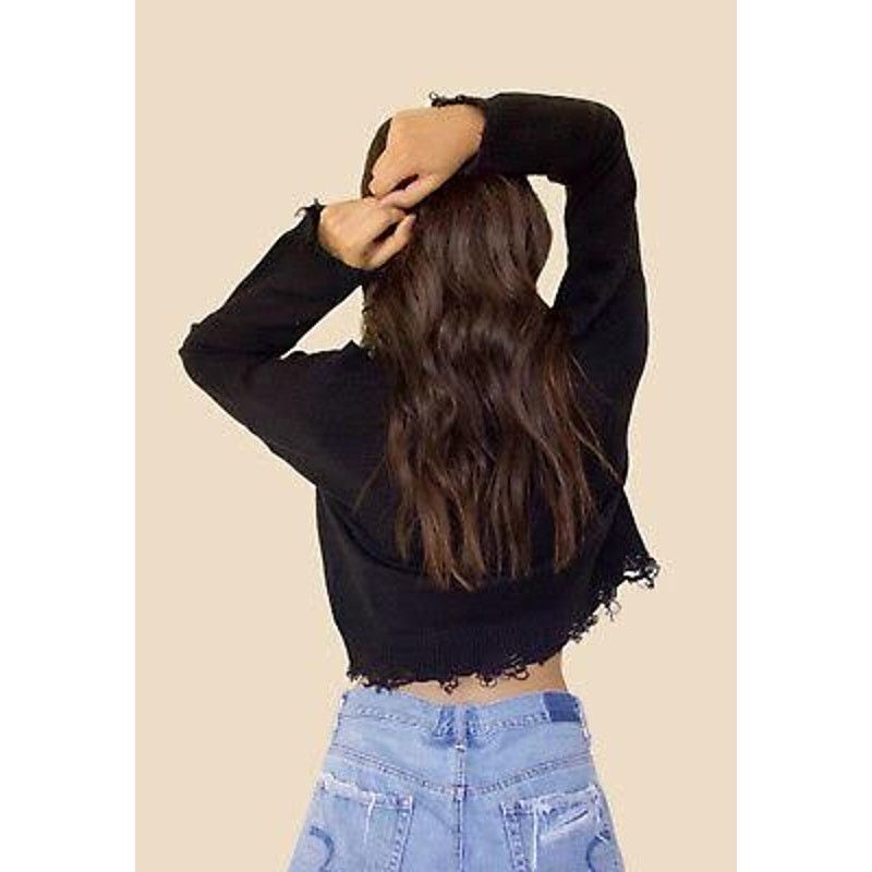 Nordstrom Wild Honey | Distressed V-Neck Crop Sweater | Size L Size L / US 10 / IT 46 - 3 Thumbnail