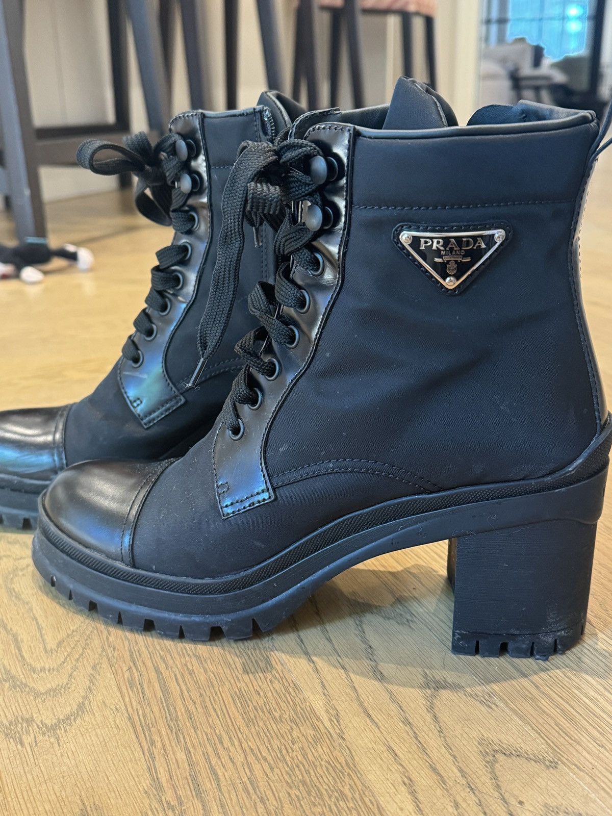 Prada Re-Nylon Heeled Combat Boots – Black – Size 40