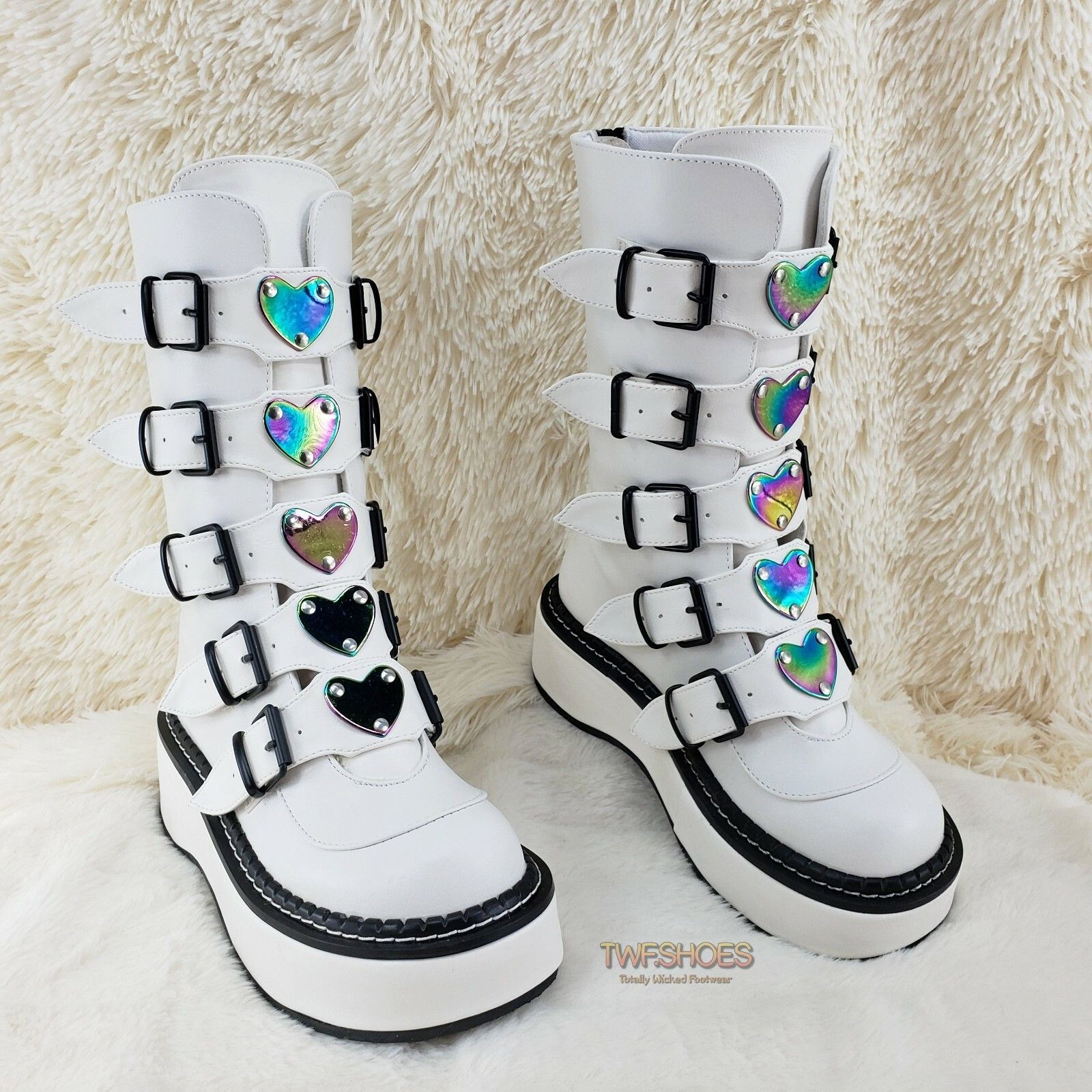 Demonia Cult DEMONIA Emily 330 White Matte 2" Platform Mid Calf Heart Com Size US 10 / IT 40 - 5 Thumbnail