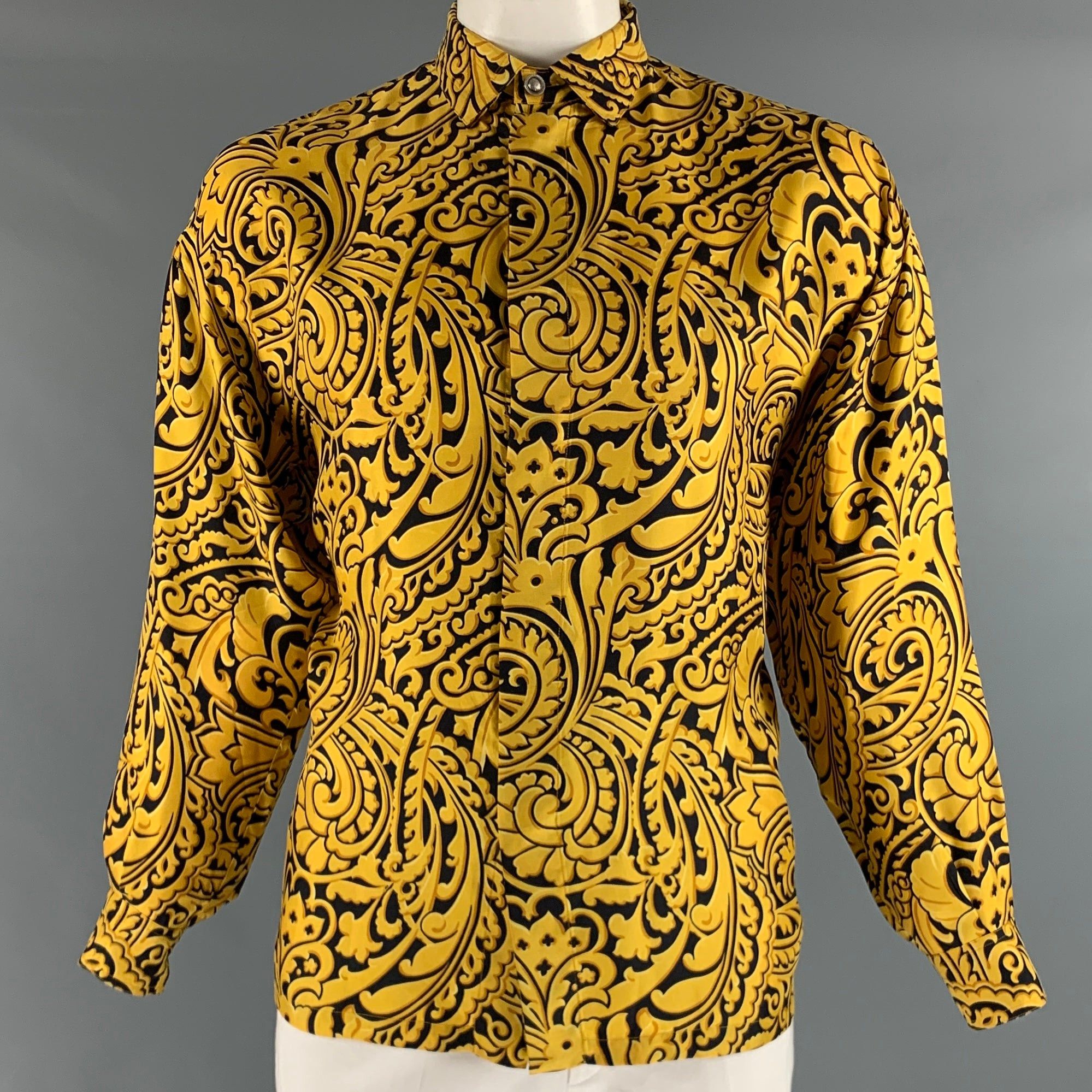 image of Gianni Versace Gold Black Print Silk Hidden Placket Long Sleeve Shirt, Men's (Size XS)