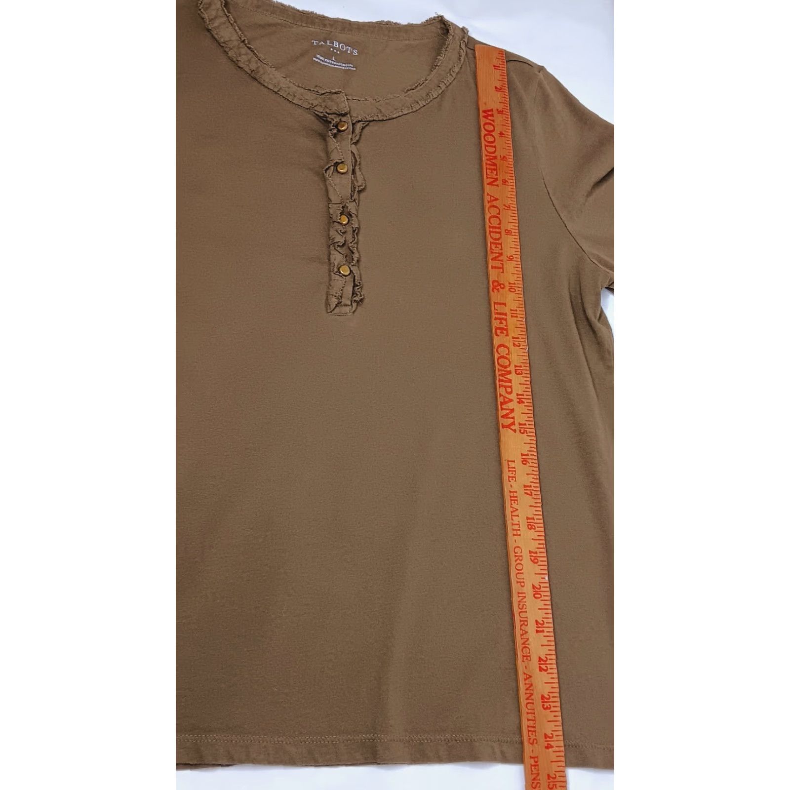 Talbots Talbots Henley Shirt Women L Army Green Gold Button Ruffle Trim 3/4 Sleeve Knit Cotton Basics Fall Winter Size L / US 10 / IT 46 - 7 Thumbnail