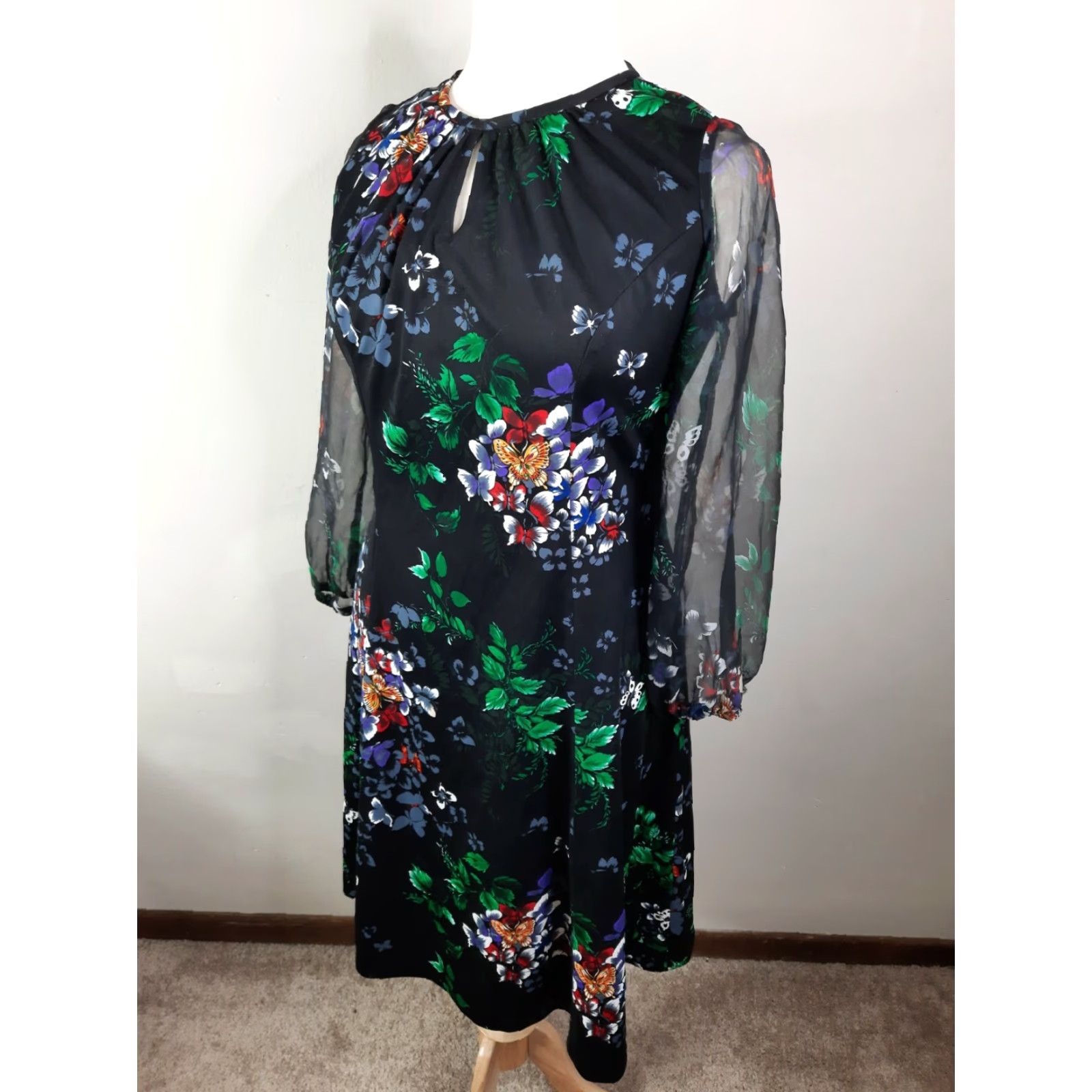 Vintage D2S Vtg mod Floral butterfly sheer Sleeve Sheath Dress L/XL Black Size L / US 10 / IT 46 - 3 Thumbnail