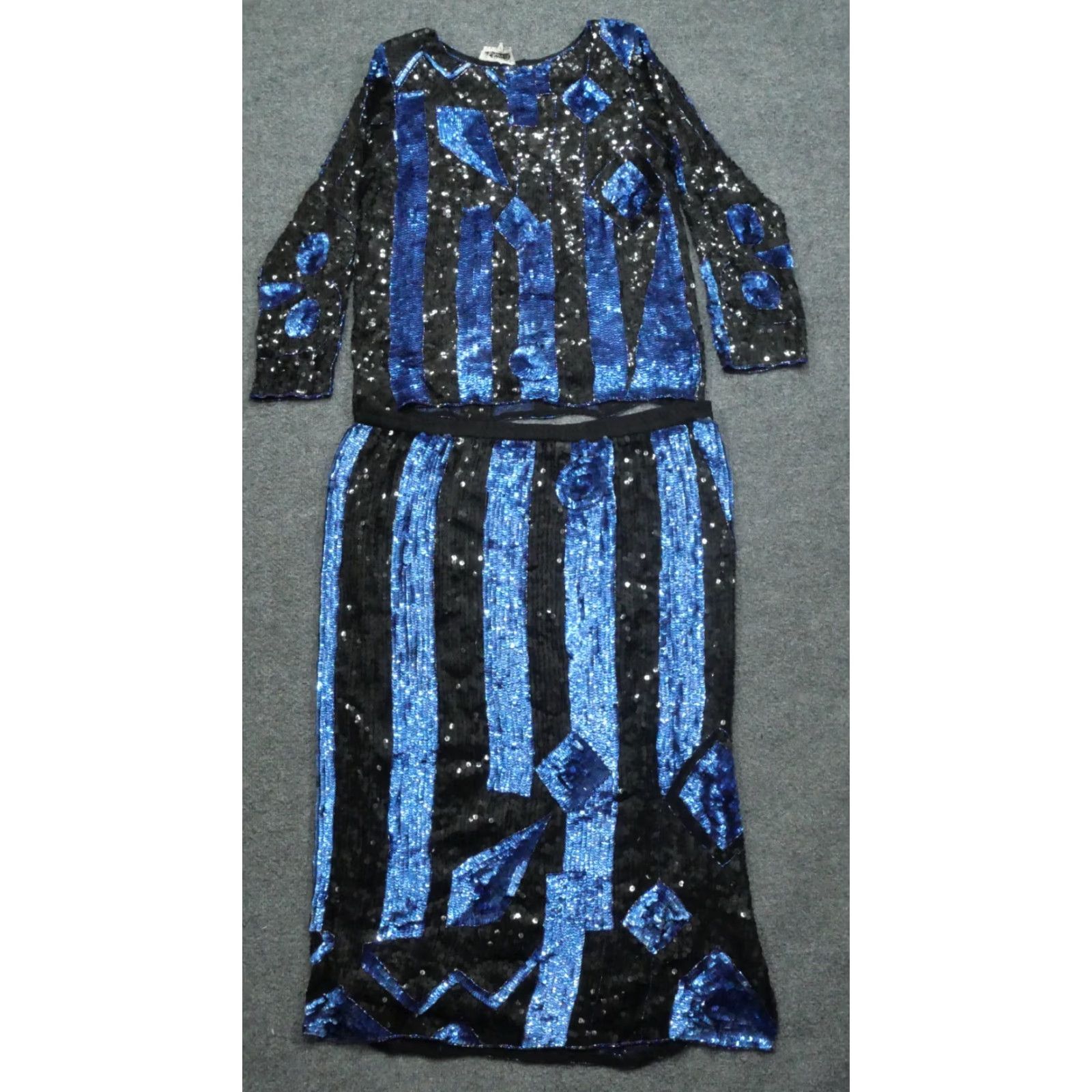 Vintage VINTAGE Raiment Fashions Sequin Set Shirt Top Skirt Women Medium Black Blue Silk Size M / US 6-8 / IT 42-44 - 2 Thumbnail