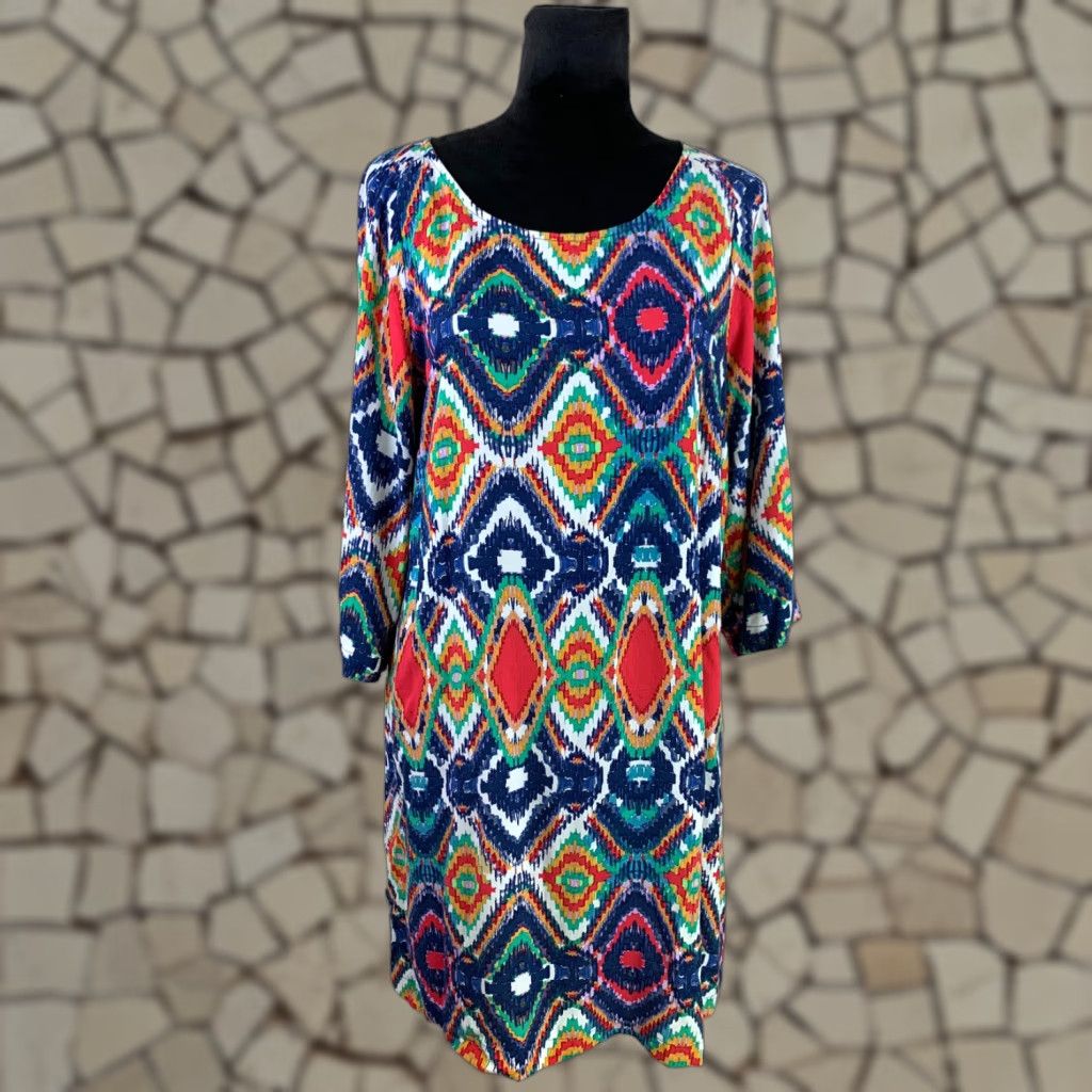 VINTAGE Ella Moss Women's Short Shift Dress Size L Green Colorful Geometric  Pattern Spring Summer Fall Casual Party - toestory.in