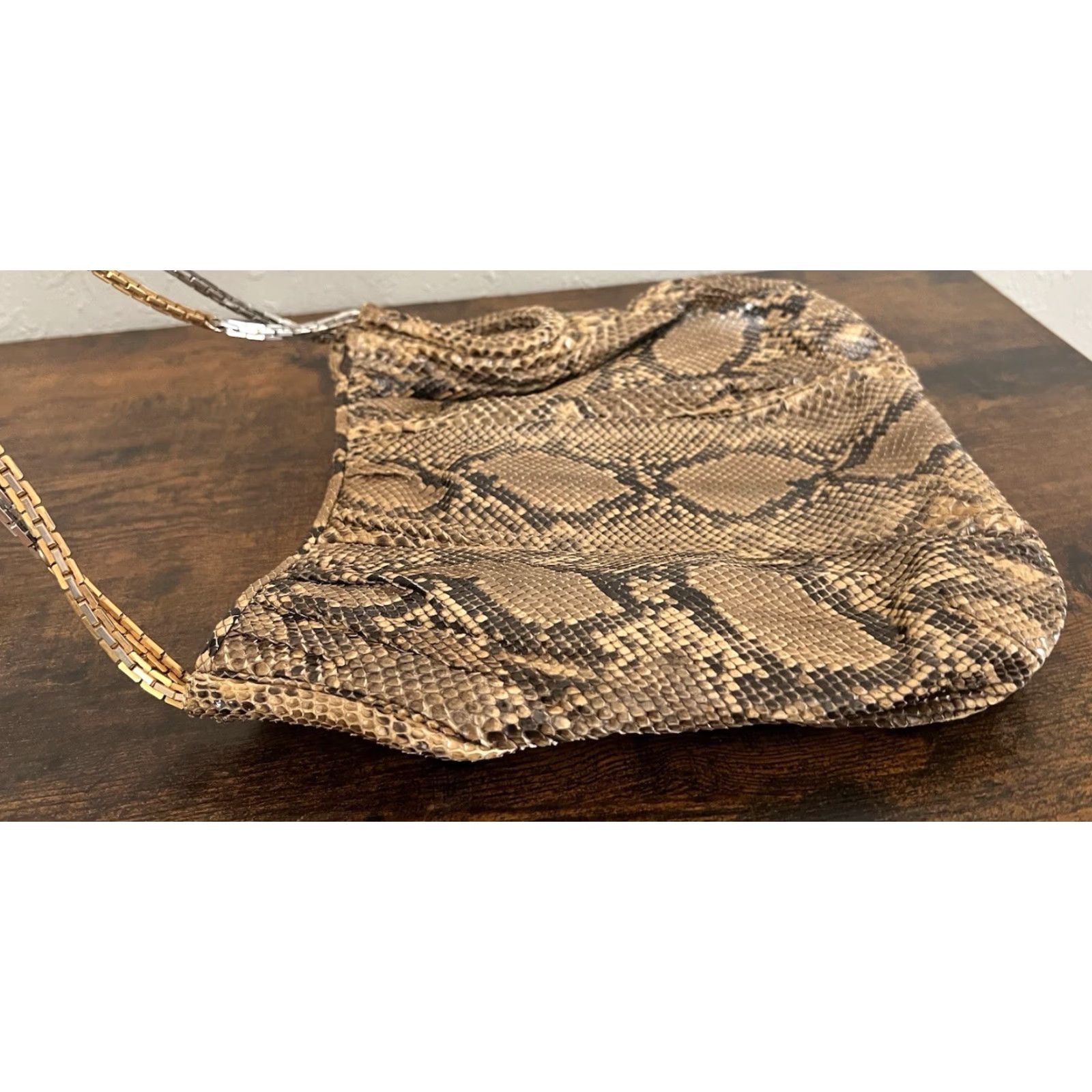Judith Leiber VINTAGE Judith Leiber Snake Skin Shoulder Bag Gold Silver Chain Strap Women's Medium Tan Brown Gold Snake 70s 80s Evening Day Size ONE SIZE - 4 Thumbnail