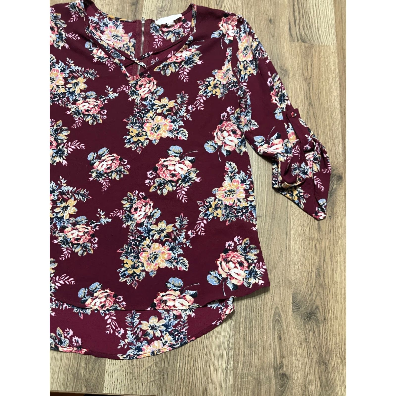 Vintage Pink Republic Shirt, Women, L, Floral, Back Zip Up, 3/4 Sleeve, Round Neck, Casual, Maroon, Pink, Regular Fit, T-Shirt, Vintage No Size L / US 10 / IT 46 - 3 Thumbnail
