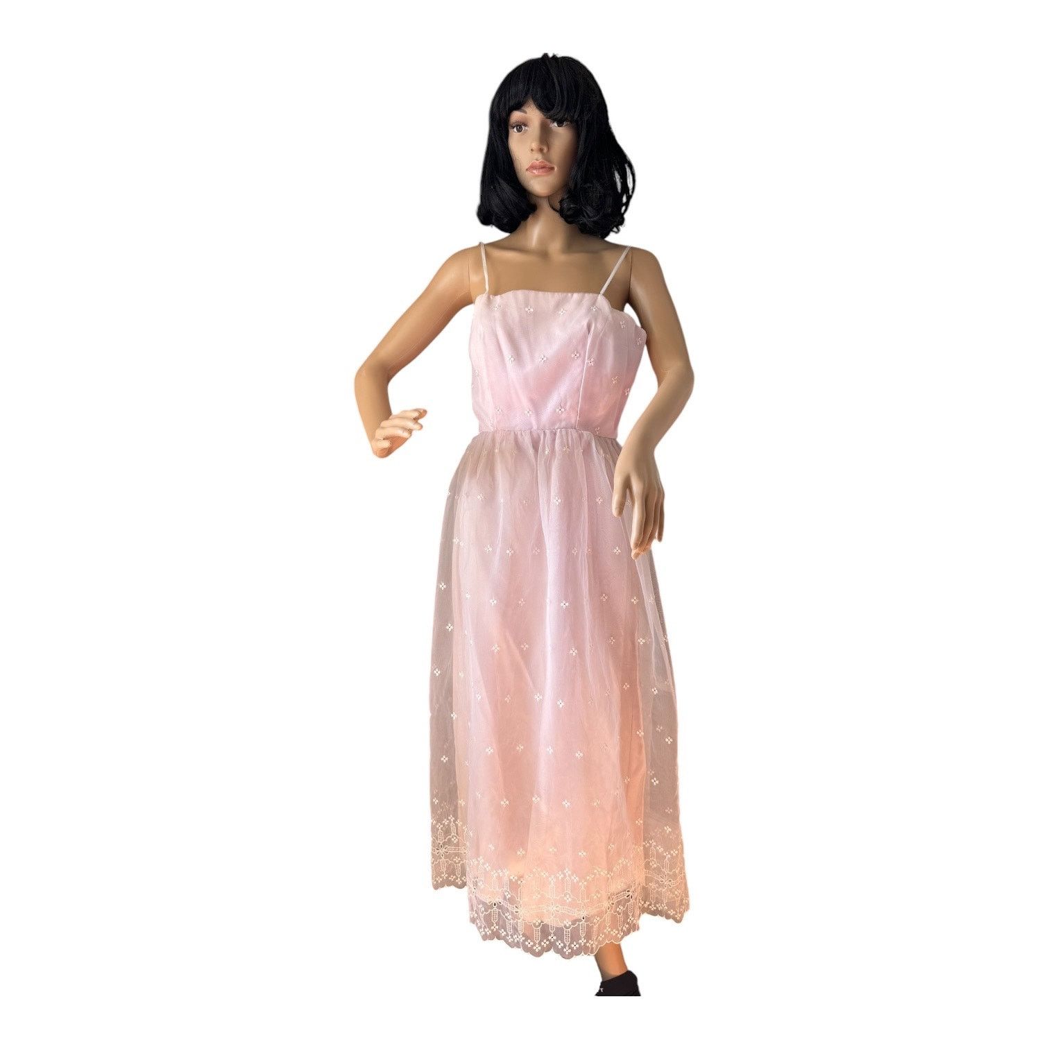Vintage American vtg pink white sheer eyelet bridesmaid prom dress Size S / US 4 / IT 40 - 1 Thumbnail