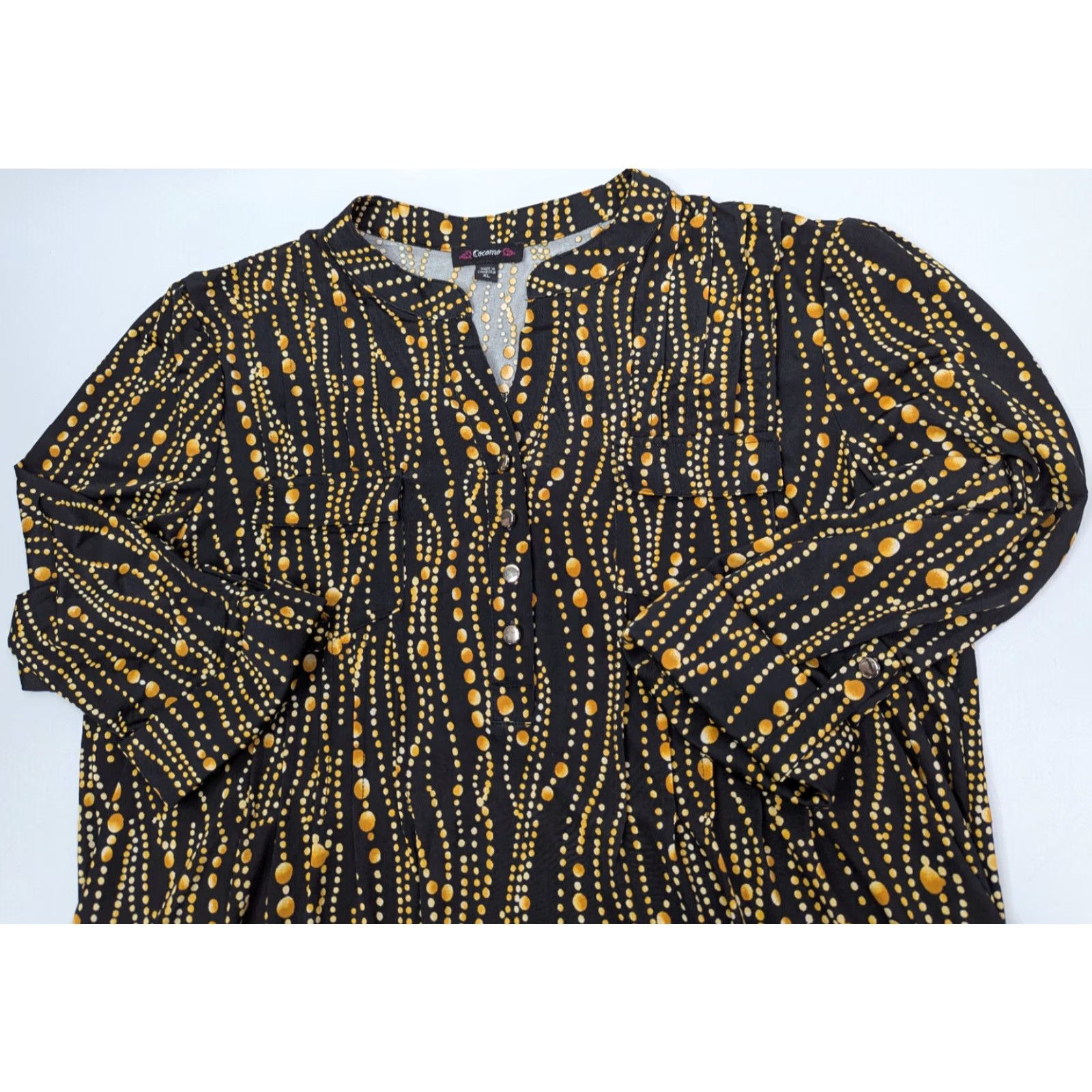 Vintage Cocomo Top Button V-Neck Roll Tab Sleeve 3/4 Sleeve Pintuck Geometric Yellow Black Circles XL Blouse Tunic Women Shopwear Size XL / US 12-14 / IT 48-50 - 7 Thumbnail