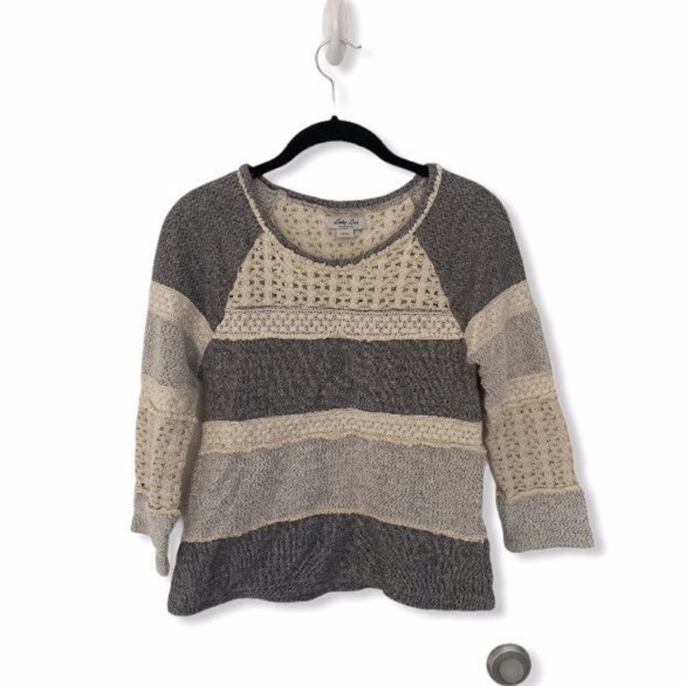 Other Lucky Lotus Gray Crochet Detail 3/4 Sleeve Knit Top | Size X Size XS / US 0-2 / IT 36-38 - 2 Thumbnail