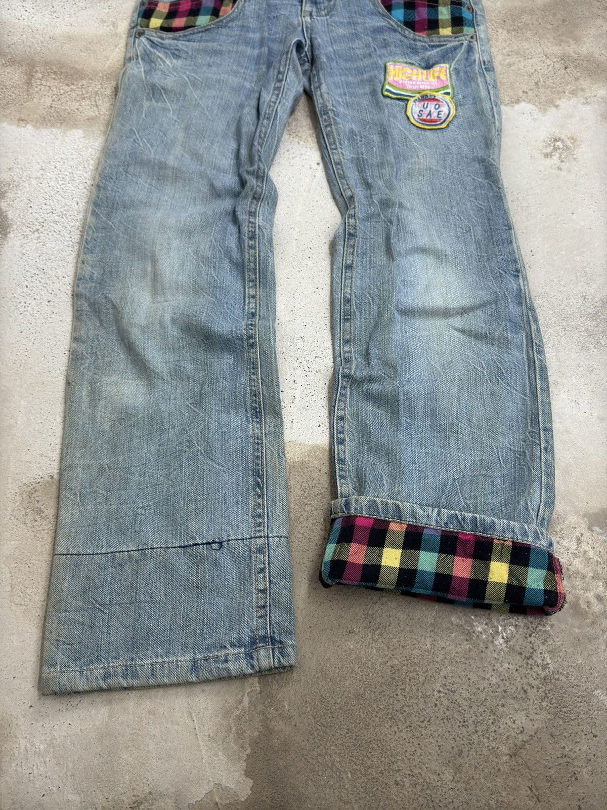 Hysteric Glamour Japanese Y2K Double Waist Plaid Patches Sun Faded Denim Size US 31 - 6 Thumbnail