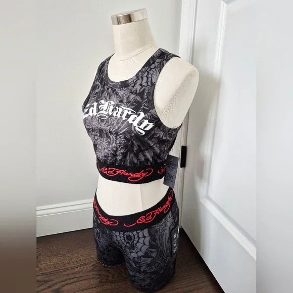 Tattoo Sport Tank & Shorts Set Sz M Retro Stretch Travel Y2K