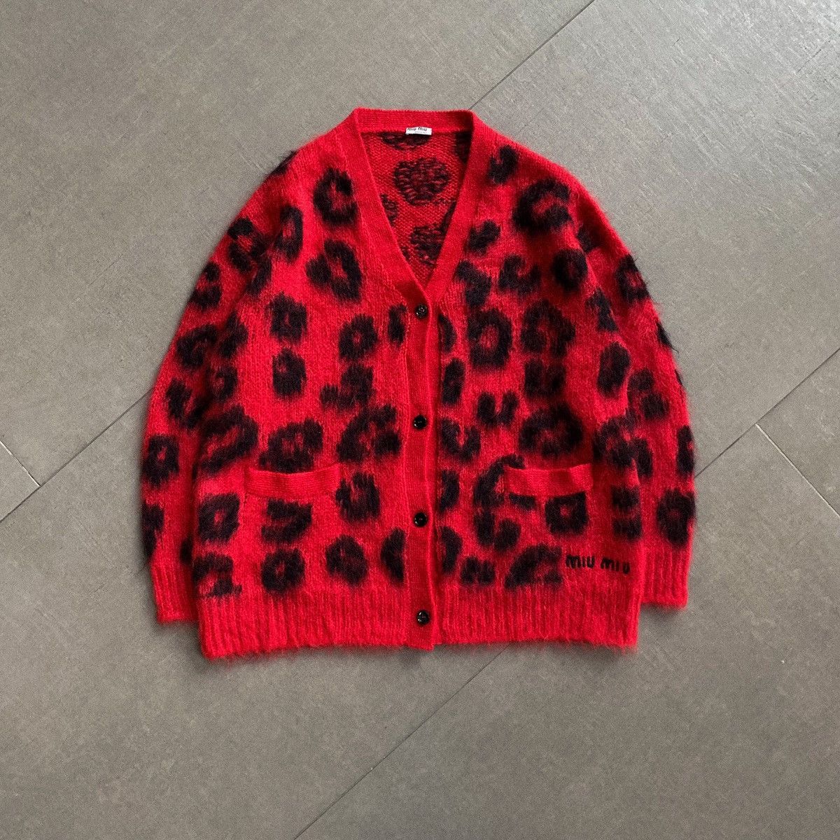 image of Miu Miu Leopard Print Cardigan in Red, Men's (Size Large)