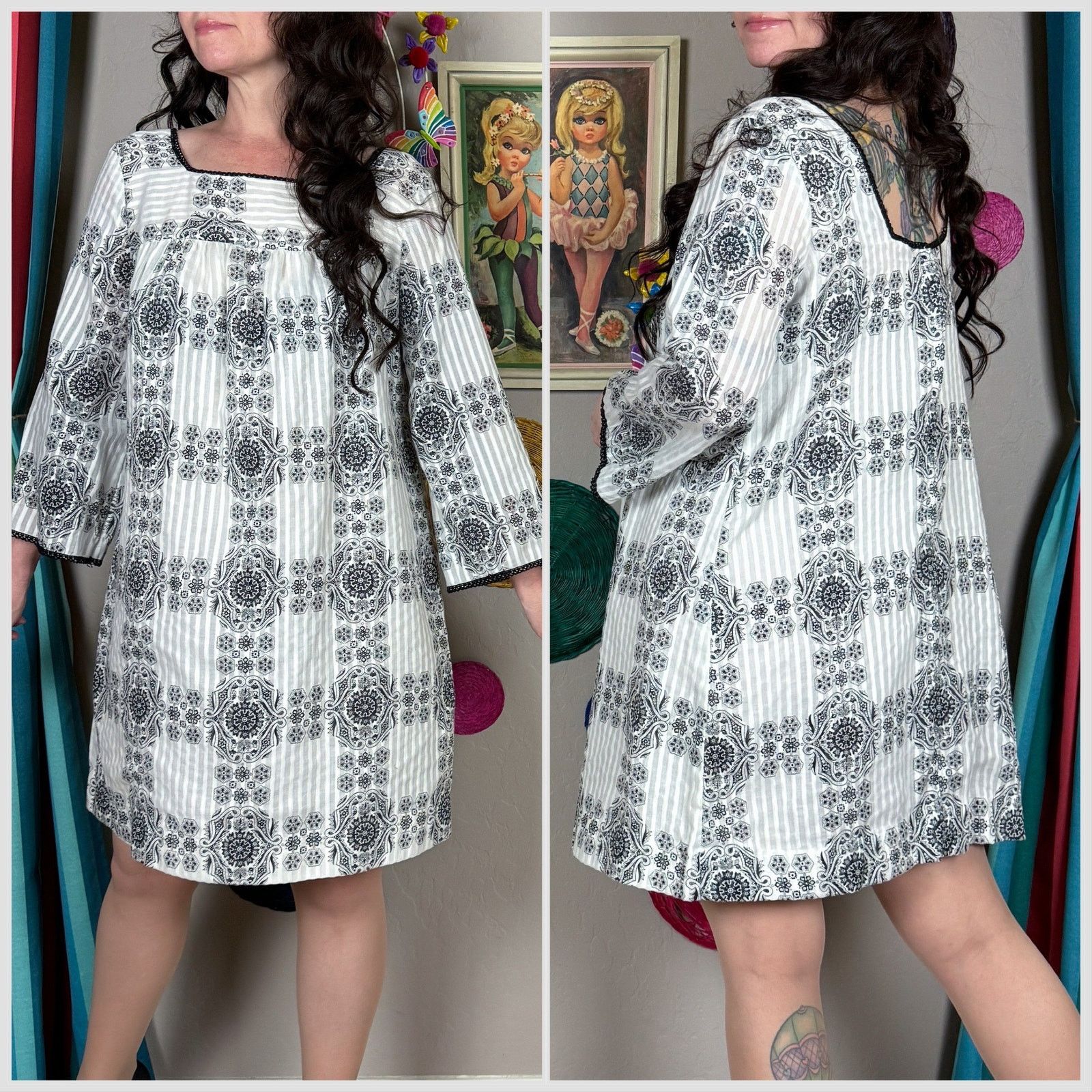 Vintage 1970s White and Black Gauzy A-Line Maternity Minidress Size S / US 4 / IT 40 - 3 Thumbnail
