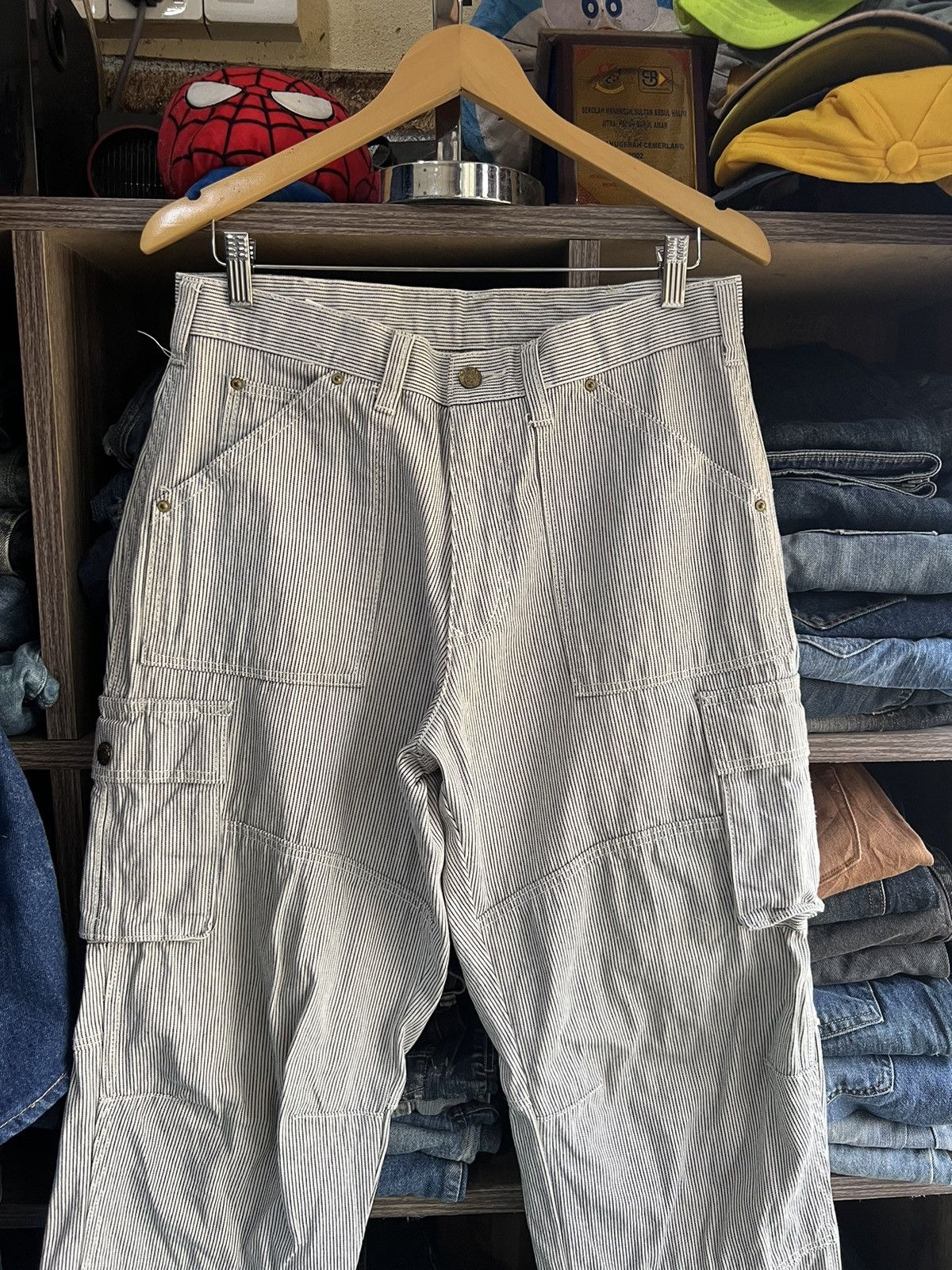 Japanese Brand 🔥Vintage Dogman Hickory Stripe Double Knees Cargo Pant Size US 32 / EU 48 - 3 Thumbnail