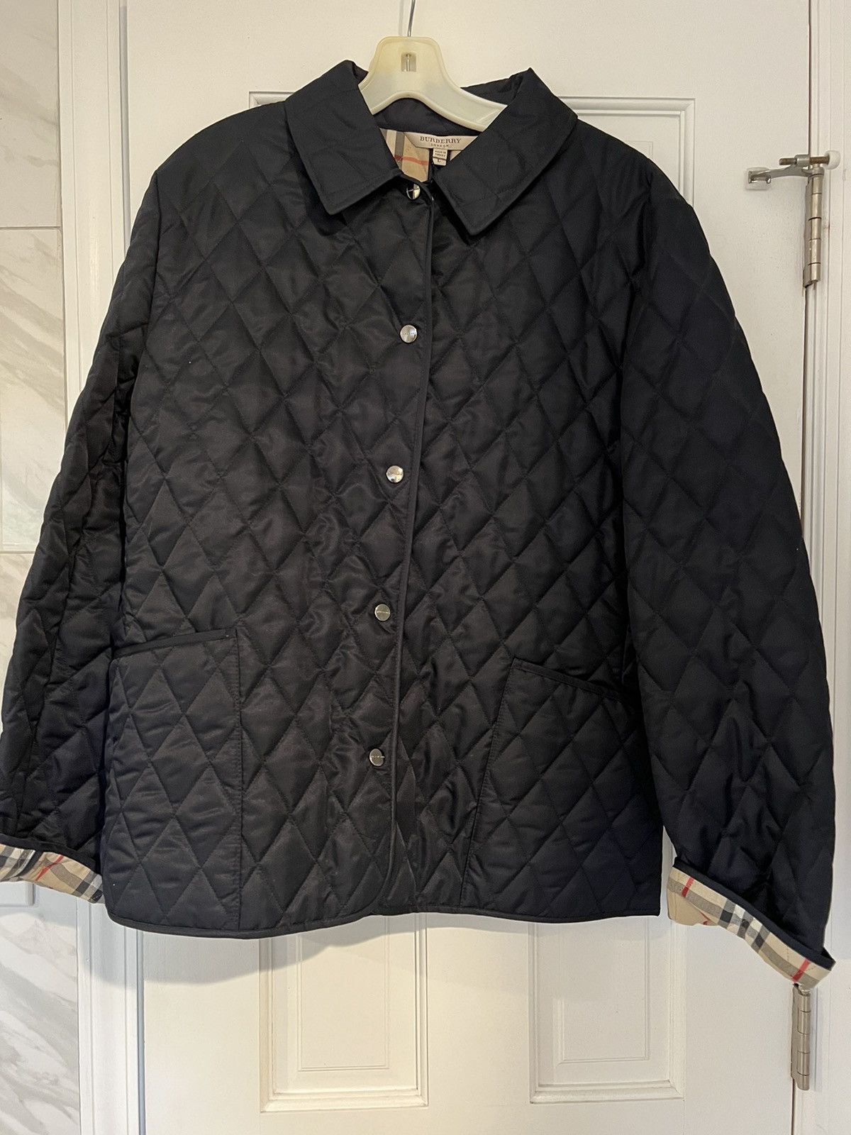 image of Burberry Quilted All Over Navy Check Jacket, Women's (Size Large)