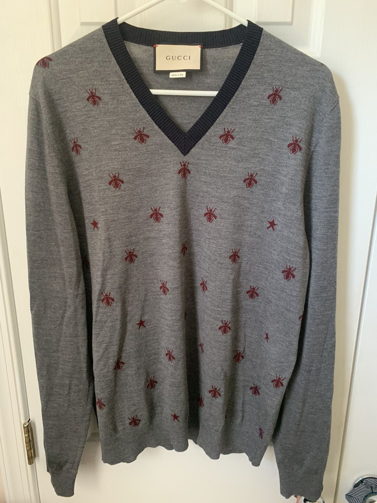 image of Gucci Stars And Bees V Neck Sweater in Grey, Men's (Size 2XL)