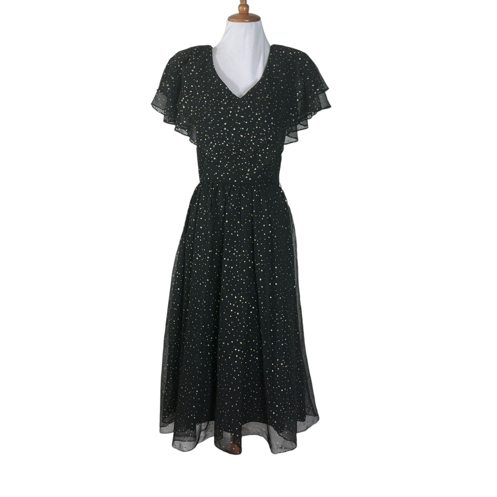 Vintage Vintage 80s Black Gold Glitter Midi Flutter Sleeve Dress S/M Size M / US 6-8 / IT 42-44 - 5 Thumbnail
