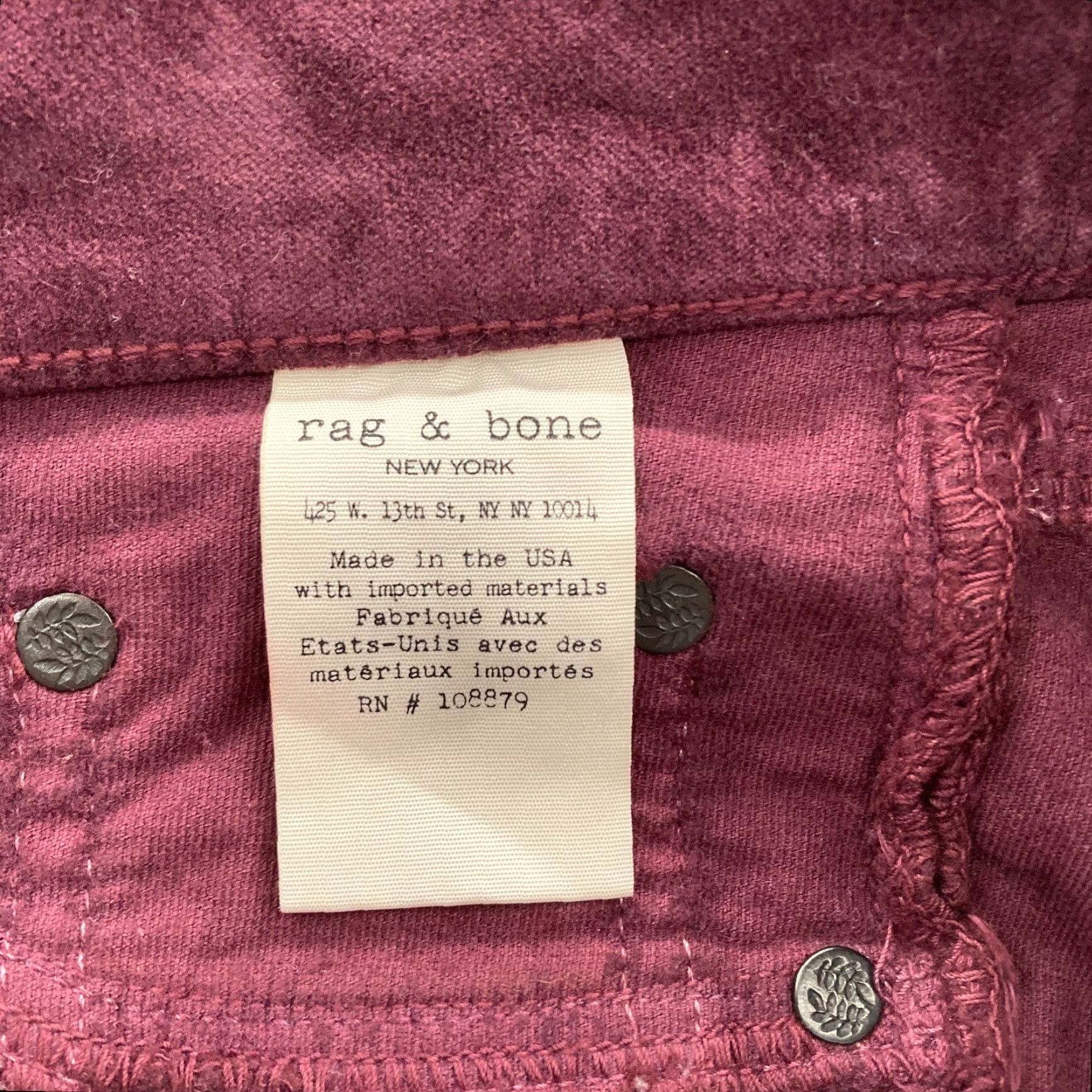 Rag & Bone rag & bone Women's Pants 27 Burgundy Red Velvet Stretch Skinny Leg Flat Front Low Rise Cotton Rayon Spandex Size 27" / US 4 / IT 40 - 6 Thumbnail