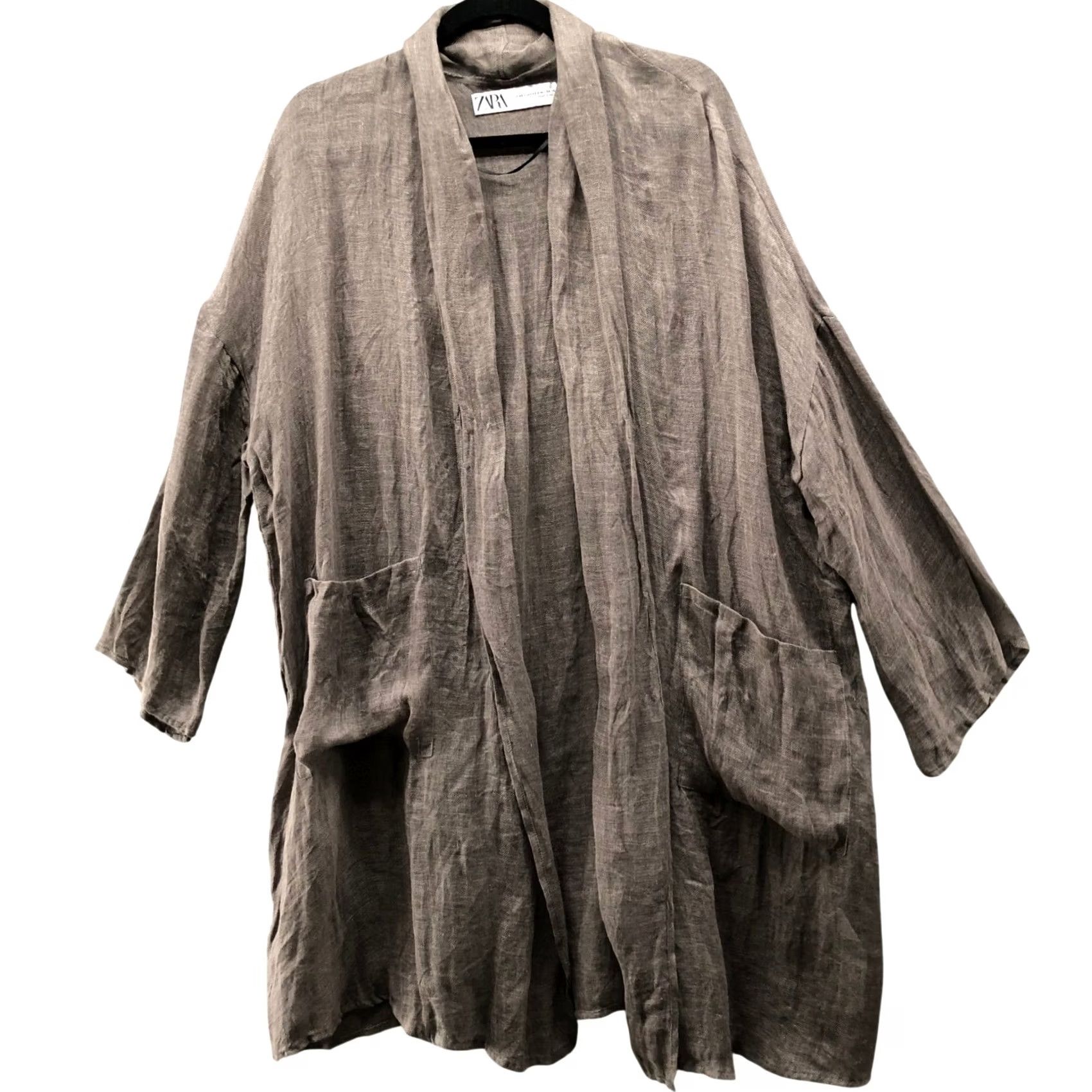 Zara VINTAGE Zara 100% Linen Open Front Kimono Cardigan Womens XS-S Brown Gauze Longline Size XS / US 0-2 / IT 36-38 - 2 Thumbnail