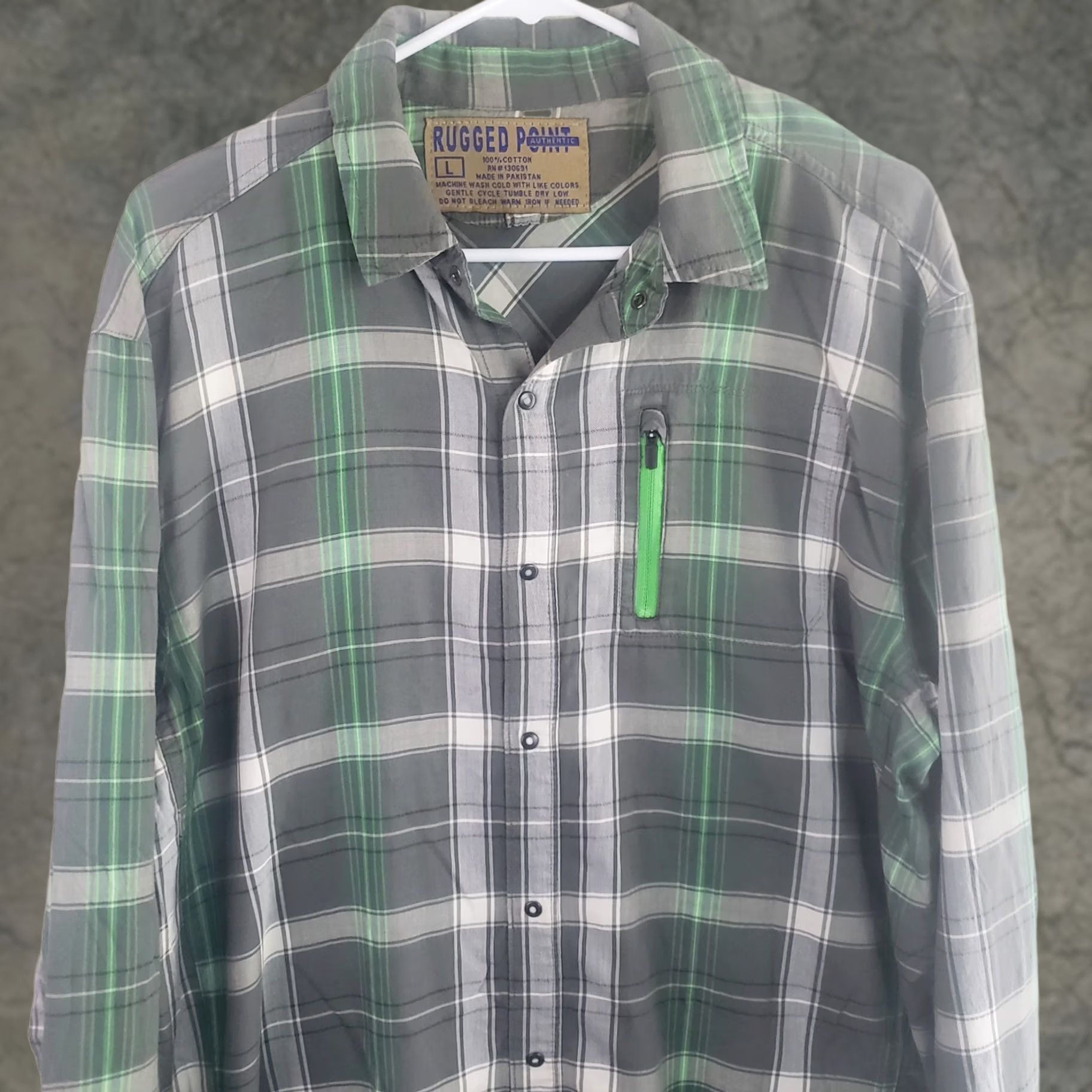 Vintage Rugged Point Button Down Shirt Mens L Green Gray Plaid Twill Zip Pocket Snap Button Size US L / EU 52-54 / 3 - 1 Thumbnail