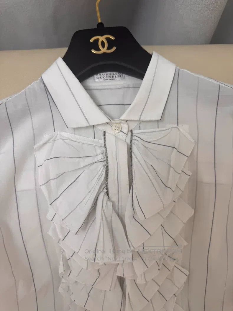 Brunello Cucinelli Brunello Cucinelli White Striped Ruffle Shirt Size M / US 6-8 / IT 42-44 - 4 Thumbnail