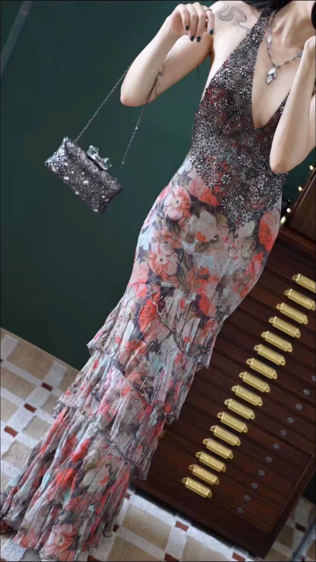 Other Vintage Silk Oil-Painting Beaded Cross-Back Layered Dress Size M / US 6-8 / IT 42-44 - 1 Thumbnail